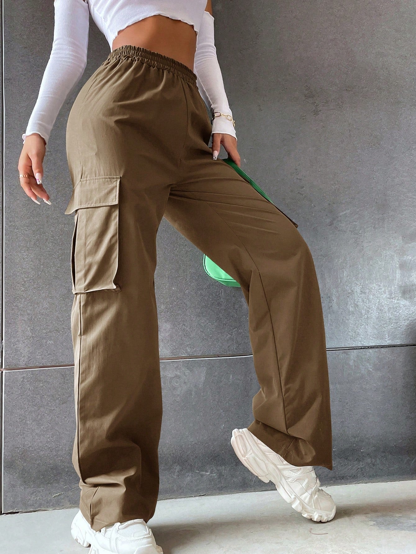 Solid High Waist Flap Pocket Cargo Pants