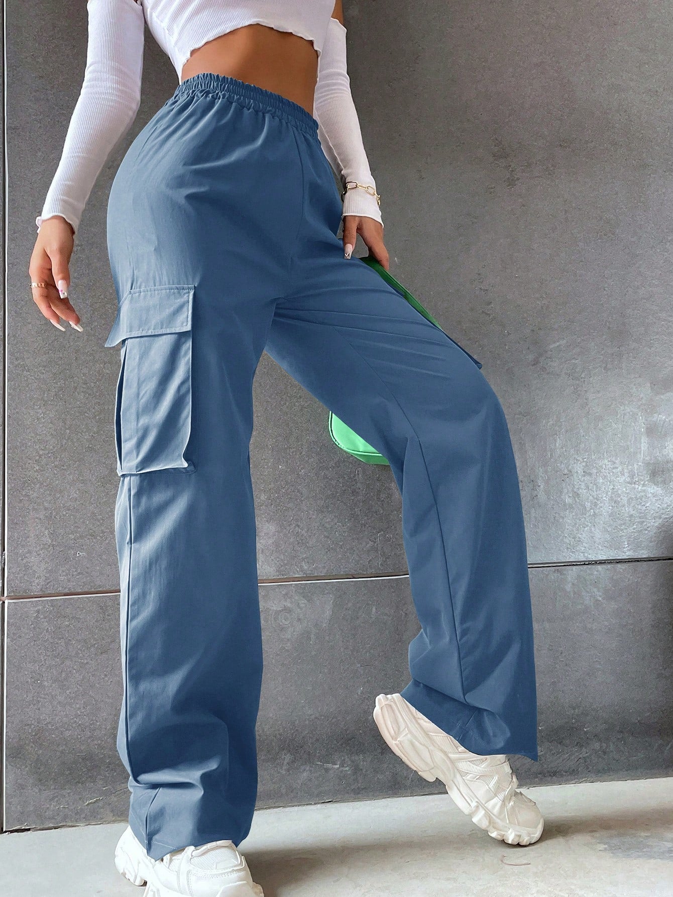 Solid High Waist Flap Pocket Cargo Pants