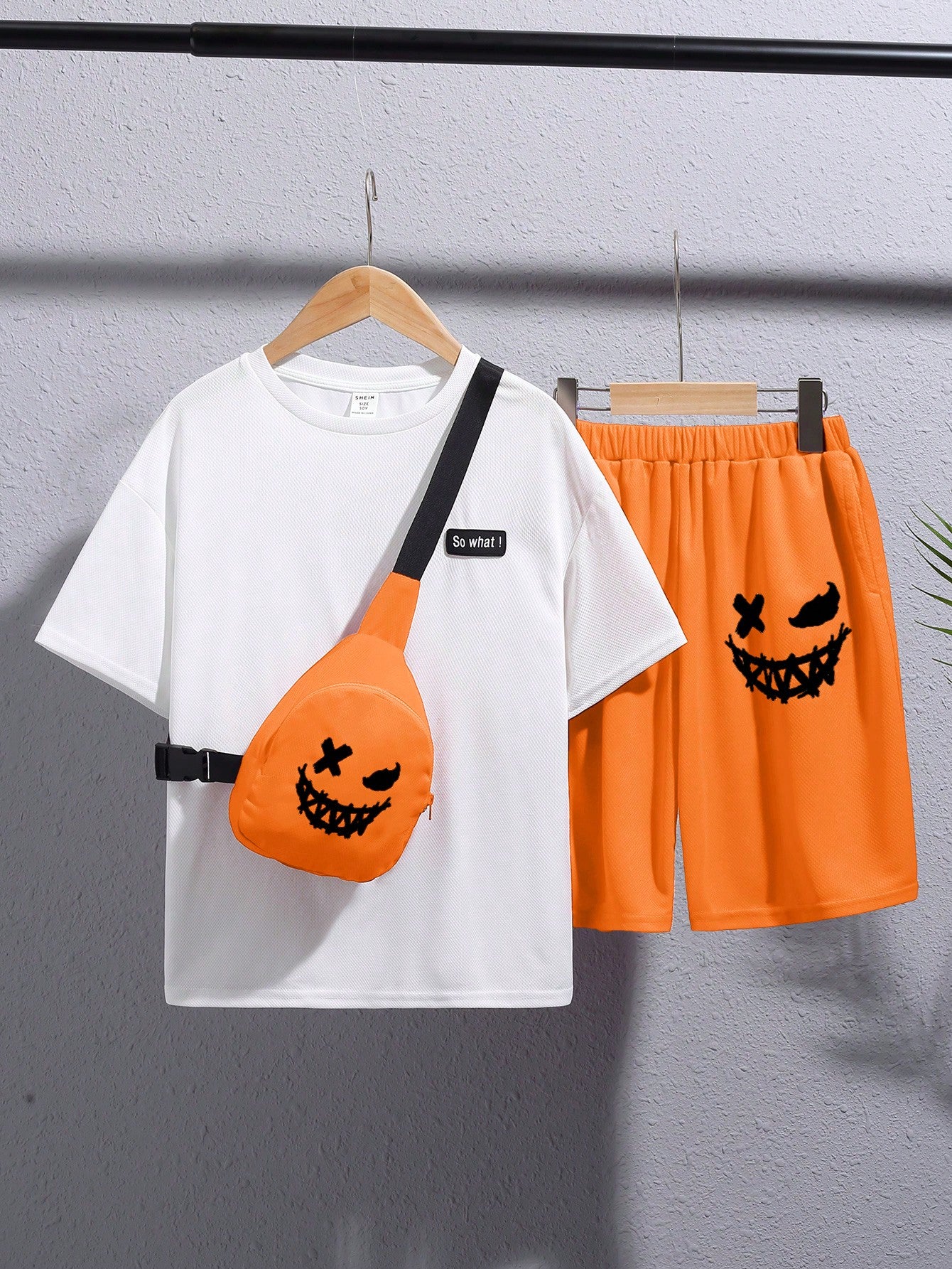 Teen Boy Sporty Casual College Style Short Sleeve Top + Shorts + Crossbody Bag Three-Piece Set Spring/Summer