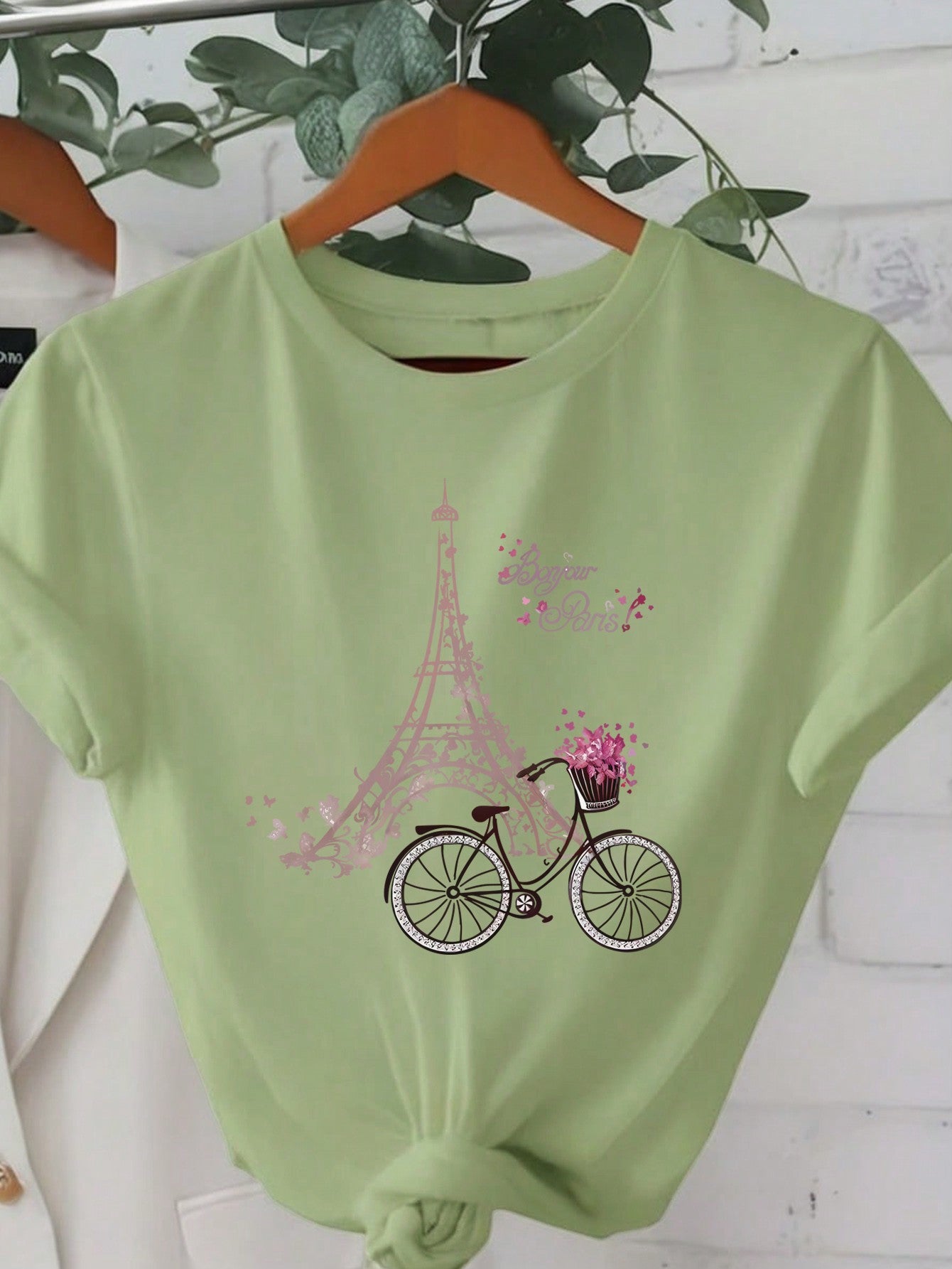 花、エッフェル塔、自転車がプリントされたレディースカジュアルラウンドネック半袖Tシャツ