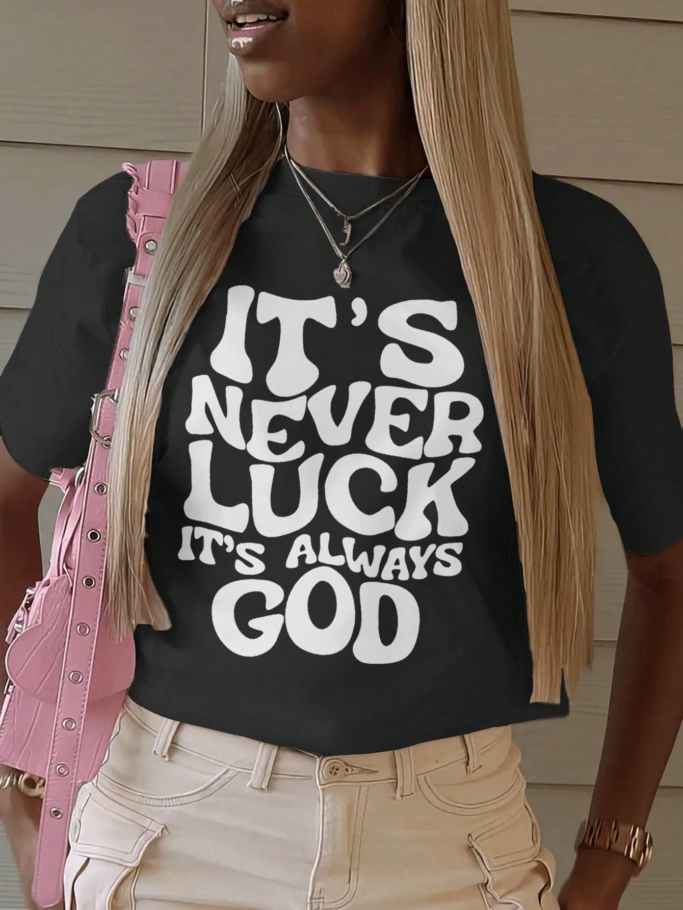 Women's Summer Round Neck Short Sleeve Casual T-Shirt With Slogan Print IT'S NEVER LUCK IT'S ALWAYS GOD