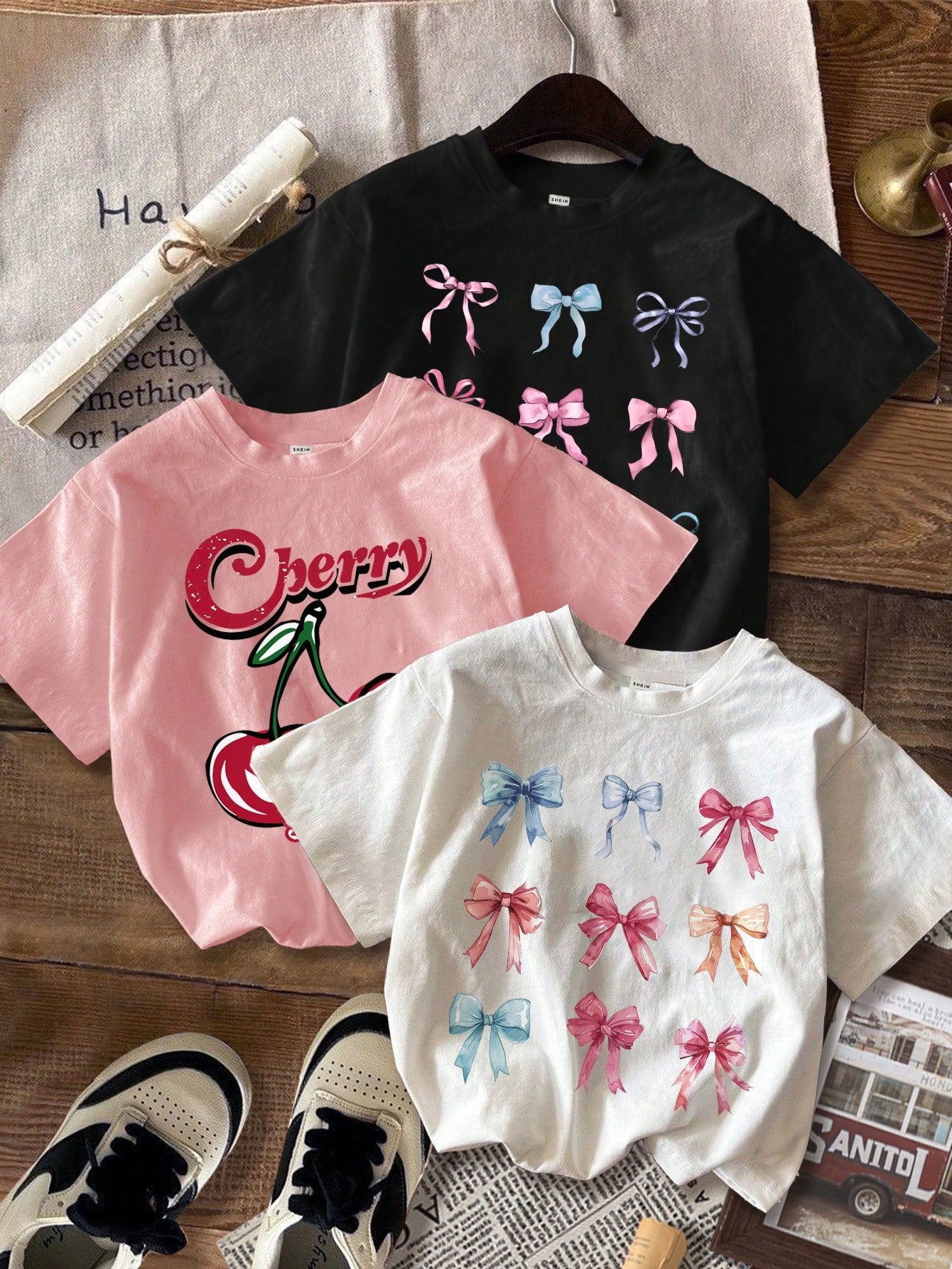 3pcs Casual & Simple Cartoon Letter Printed T-Shirt Set For Tween Girls, Summer