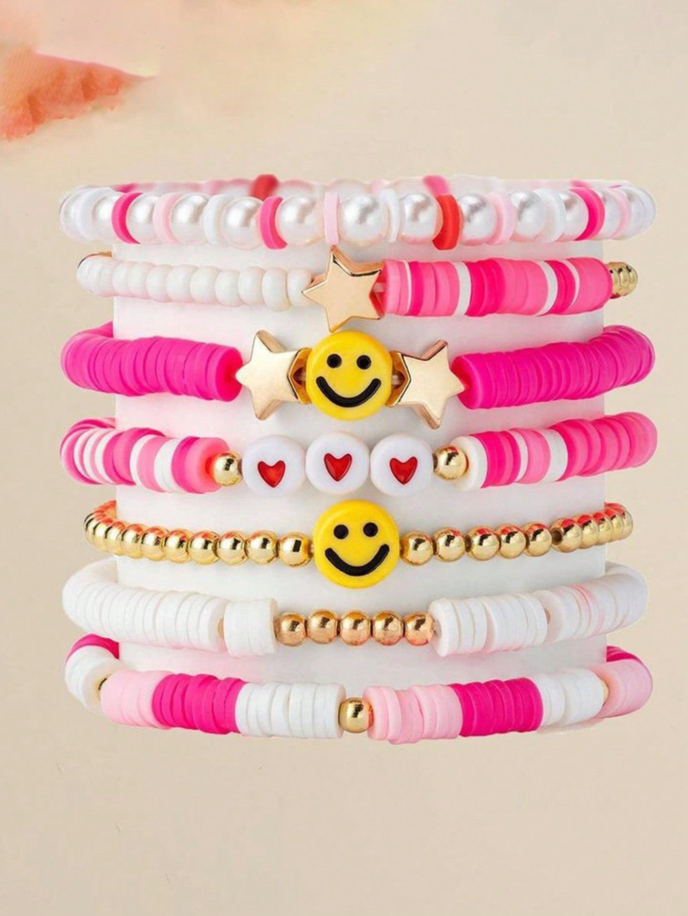 7pcs/Set Boho Style Rainbow Seed Bead, Heart & Smile Face Soft Clay Bracelets For Girls, Daily & Back To School Wear