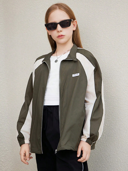 Tween Girl Loose Casual Comfortable Military Green Color Blocking Shoulder Patch Fashion Collared Long Sleeve Jacket