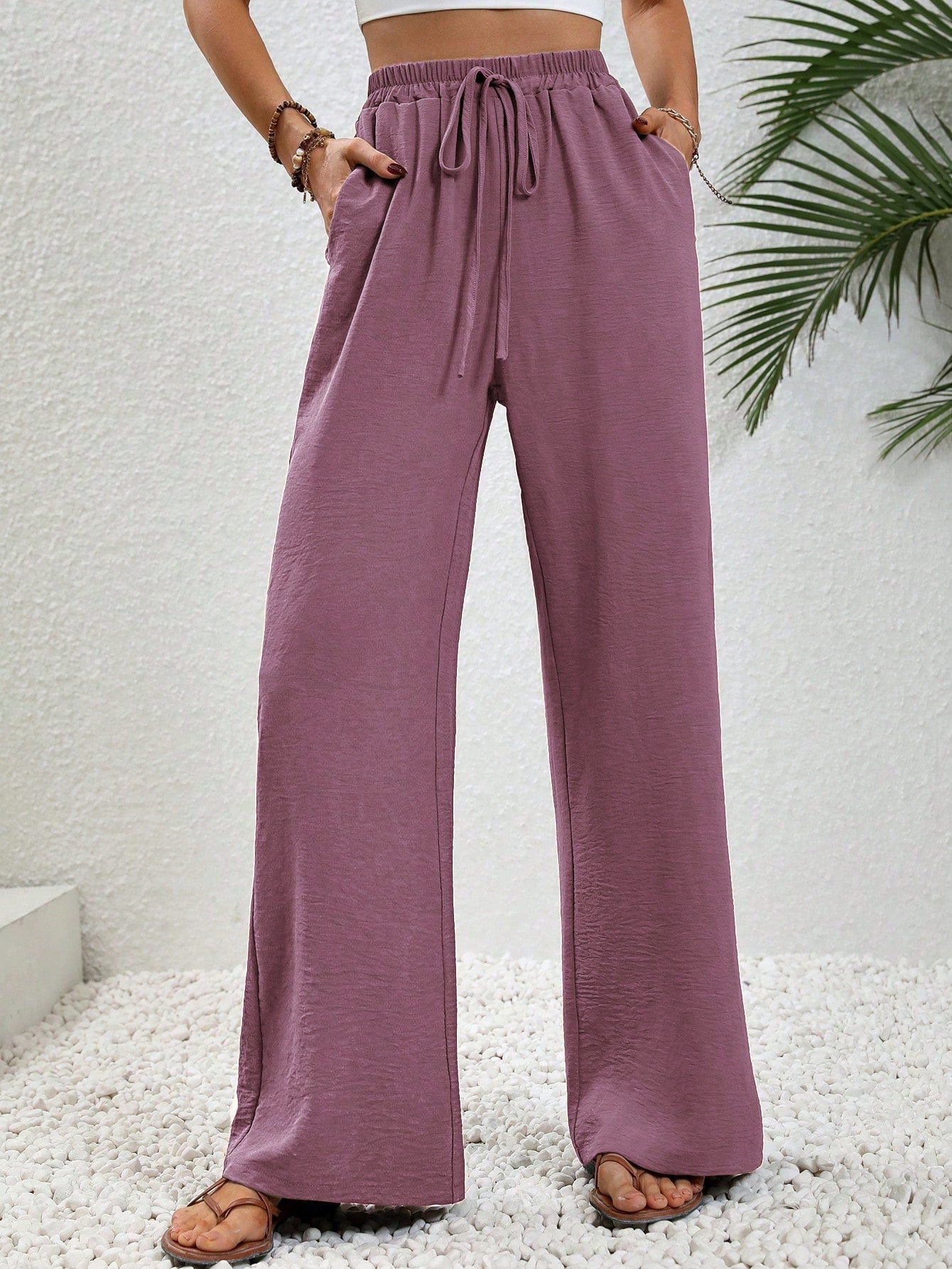 Women's Solid Color Waist-Tied Straight-Legged Wide Casual Pants With Pockets