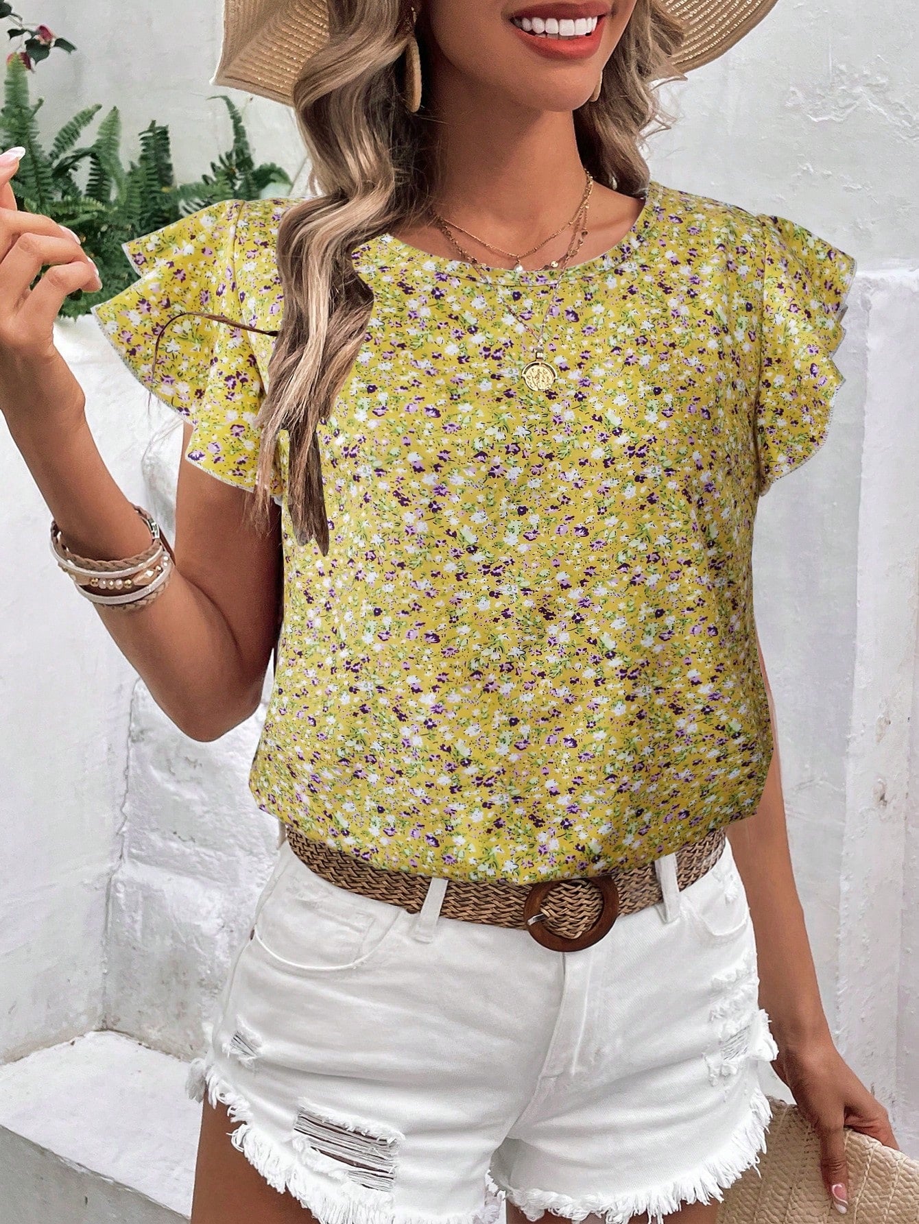 Ditsy Floral Print Butterfly Sleeve Blouse