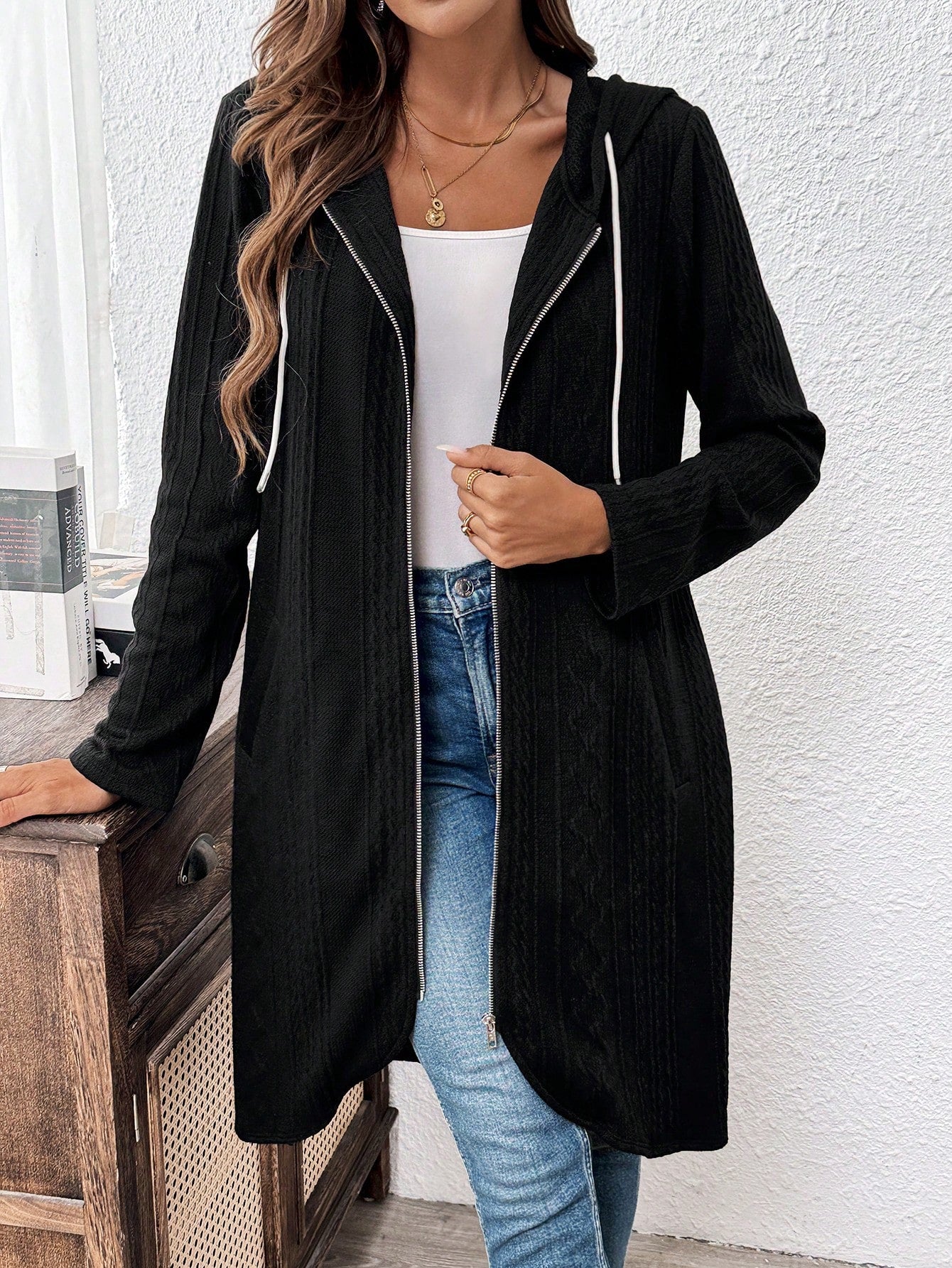 Zip Up Drawstring Hooded Coat