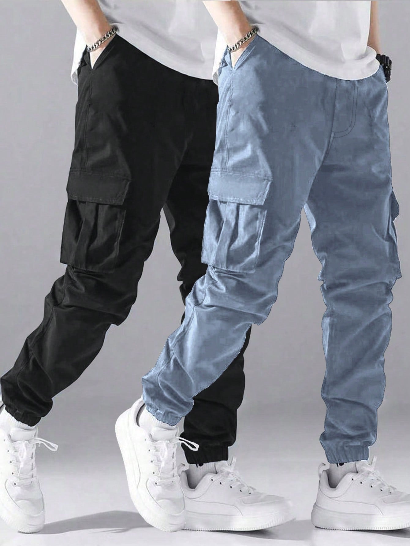 2pcs Tween Boys' Loose Fit Casual Outdoor Workout Trousers With Flap Pockets For Spring, Summer And Autumn