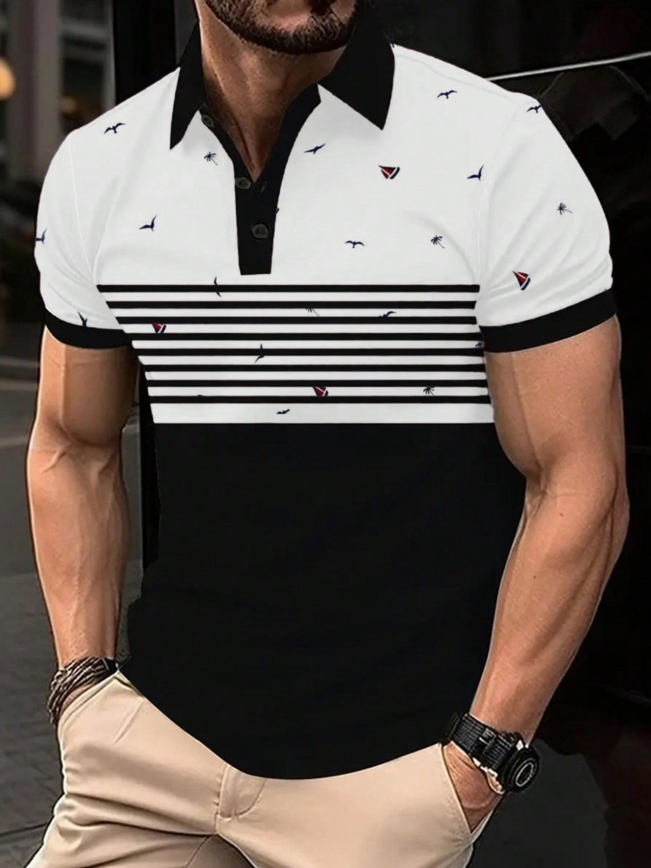 Men's Summer Pattern Print Short Sleeve Casual Polo Shirt For Commute And Leisure