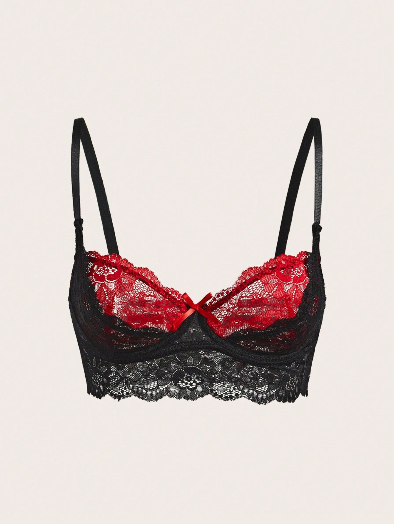 Color Block Double Layer Lace Bralette With Bow Decor, Pink