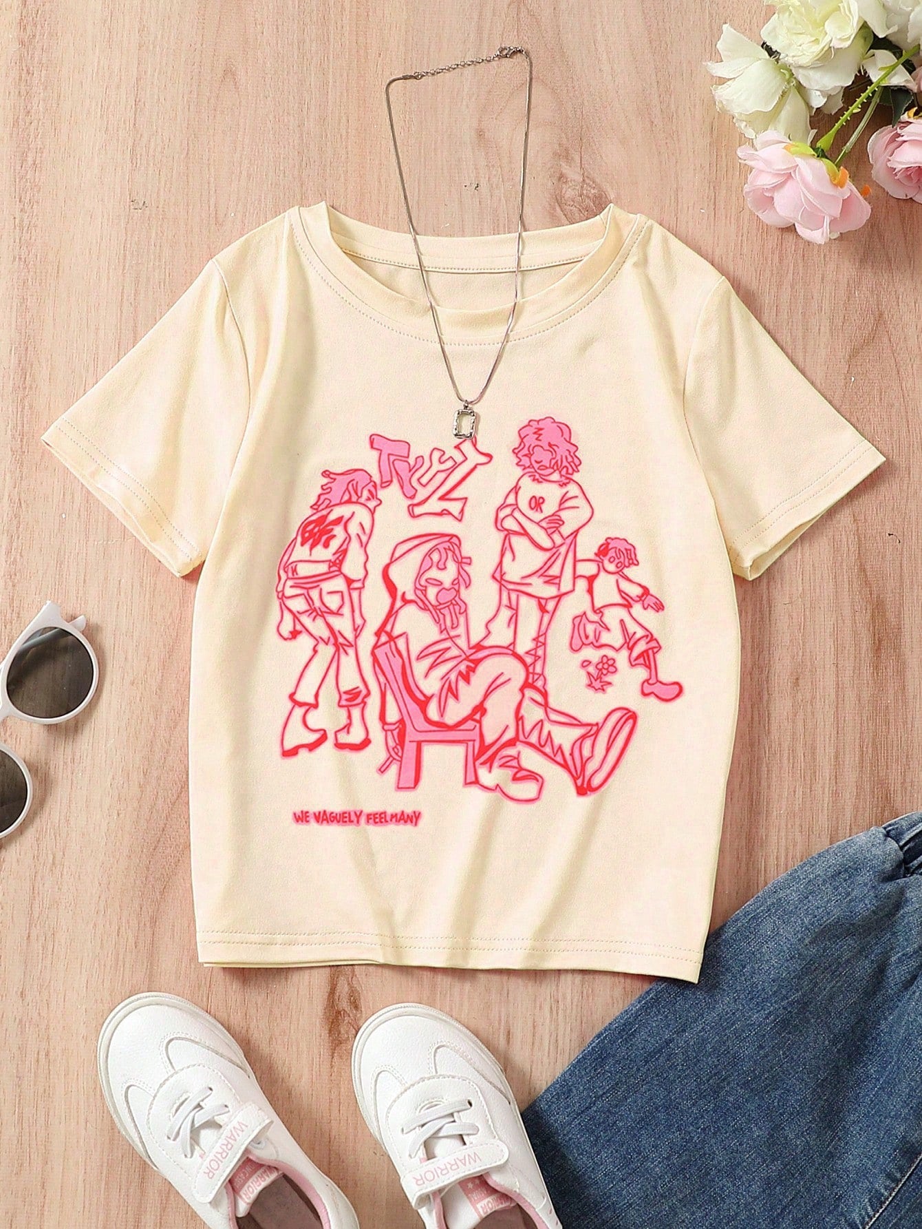 Tween Girls' Letter Print Cartoon Character Short Sleeve T-Shirt