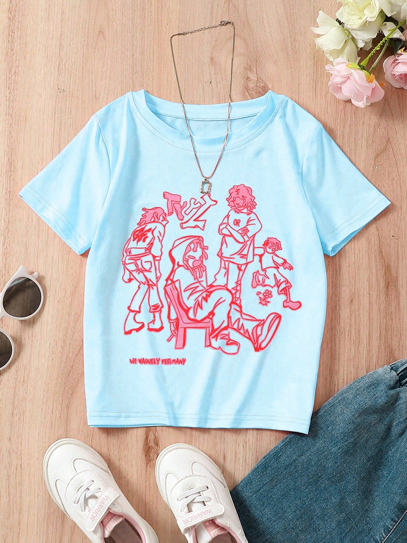 Tween Girls' Letter Print Cartoon Character Short Sleeve T-Shirt