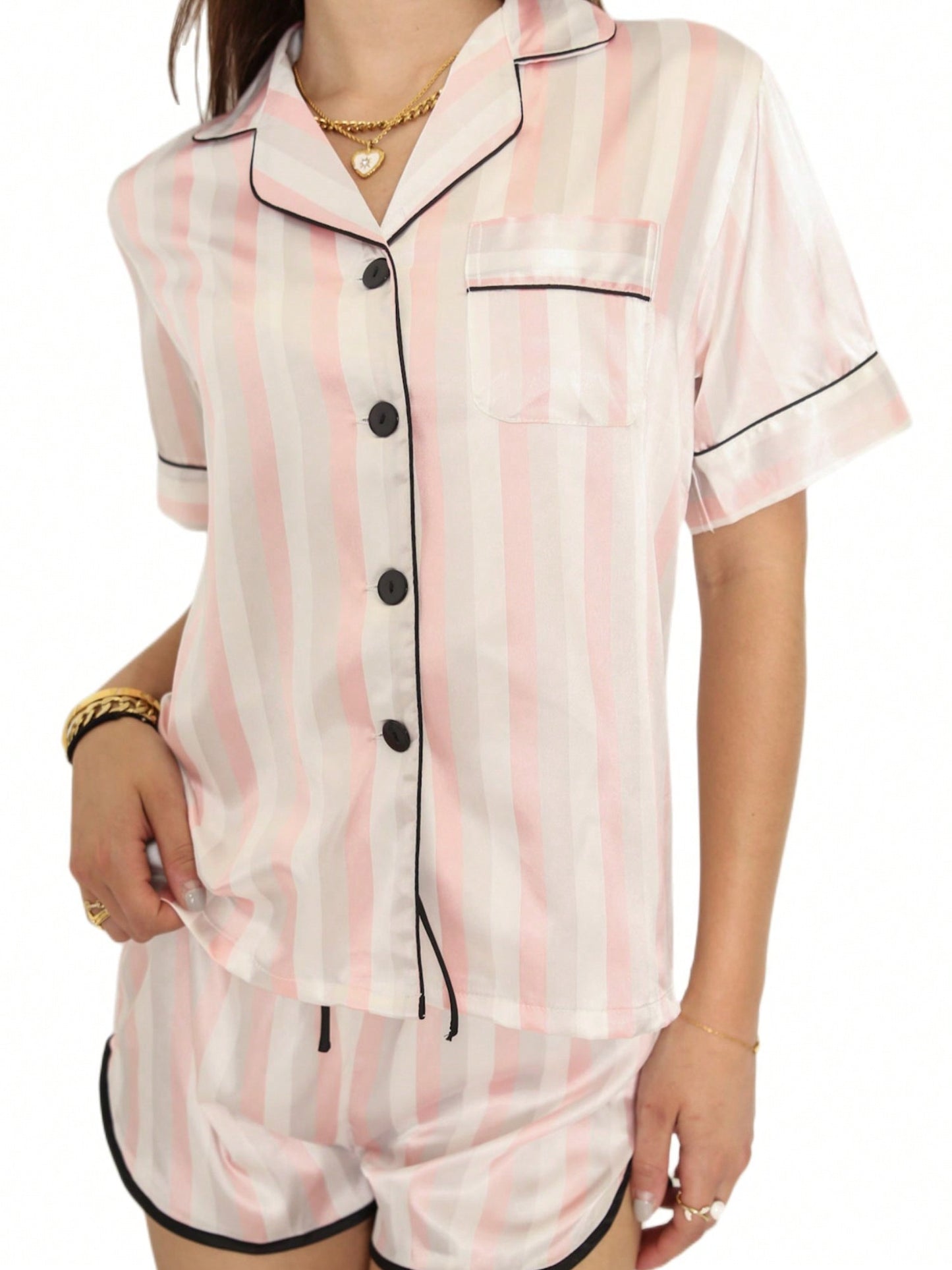 Women's 2 Piece Pajamas Set Short Sleeve Shirt And Shorts Satin Sleepwear Loungewear