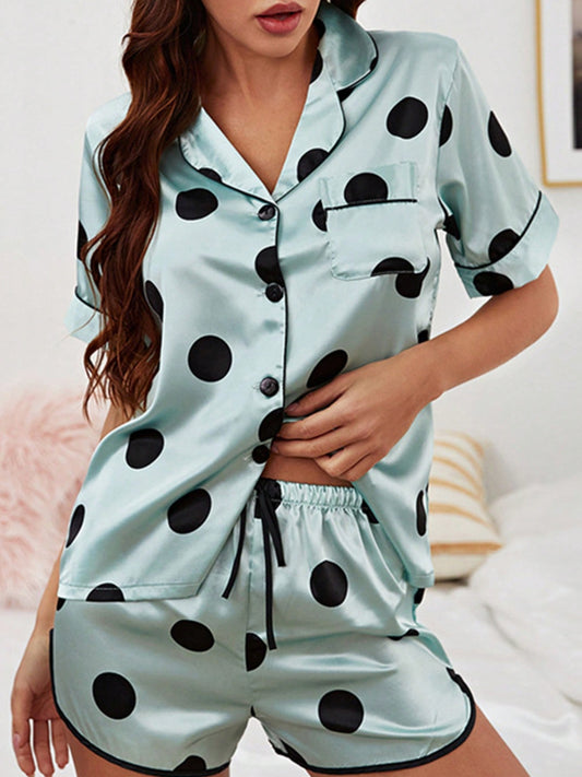 Women's 2 Piece Pajamas Set Short Sleeve Shirt And Shorts Satin Sleepwear Loungewear