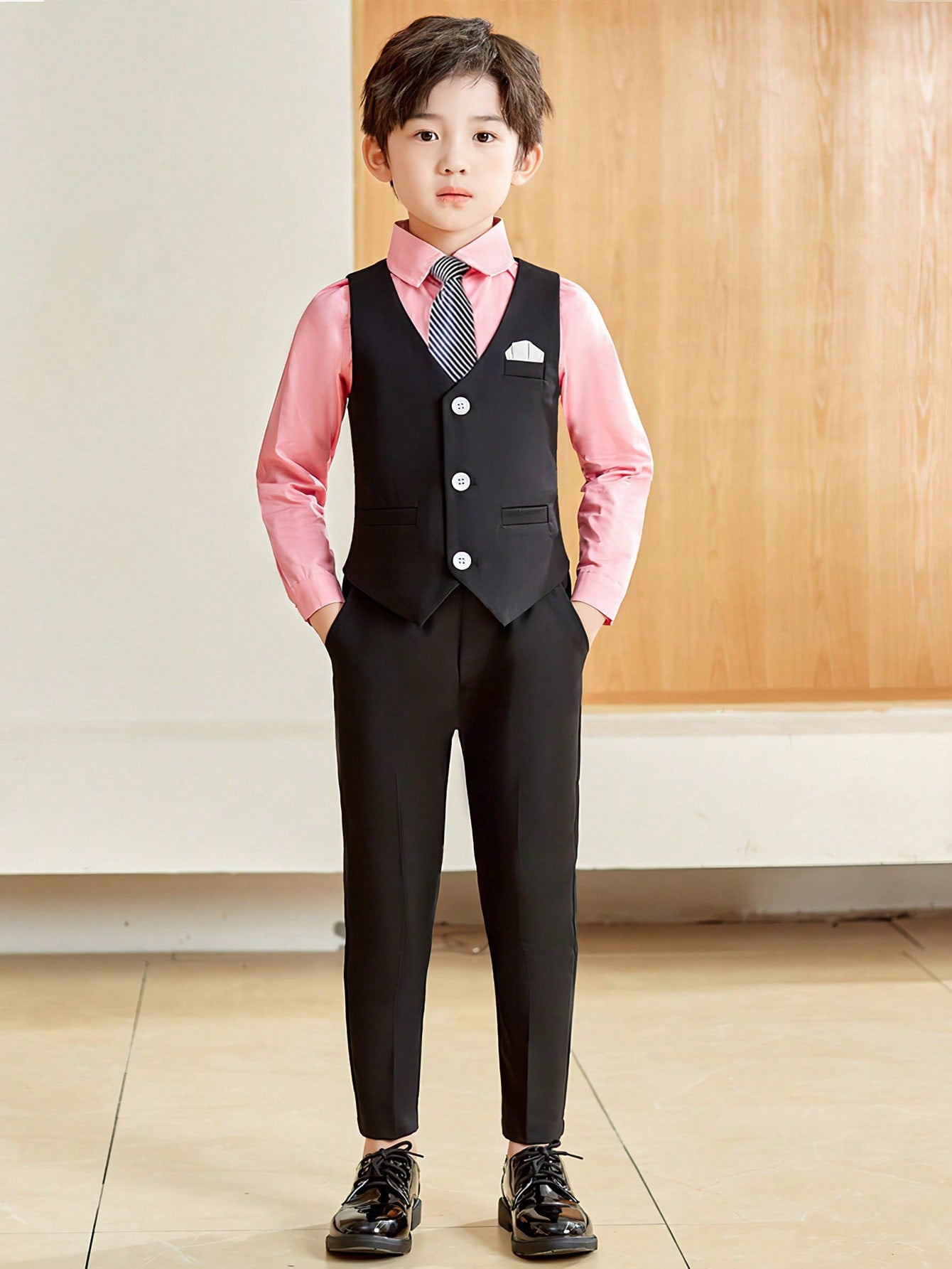 Young Boy Solid Color Flower Boy Birthday Performance Suit Gentleman Suit Three-Piece Set Vest And Long Pants And Bow Tie Suit