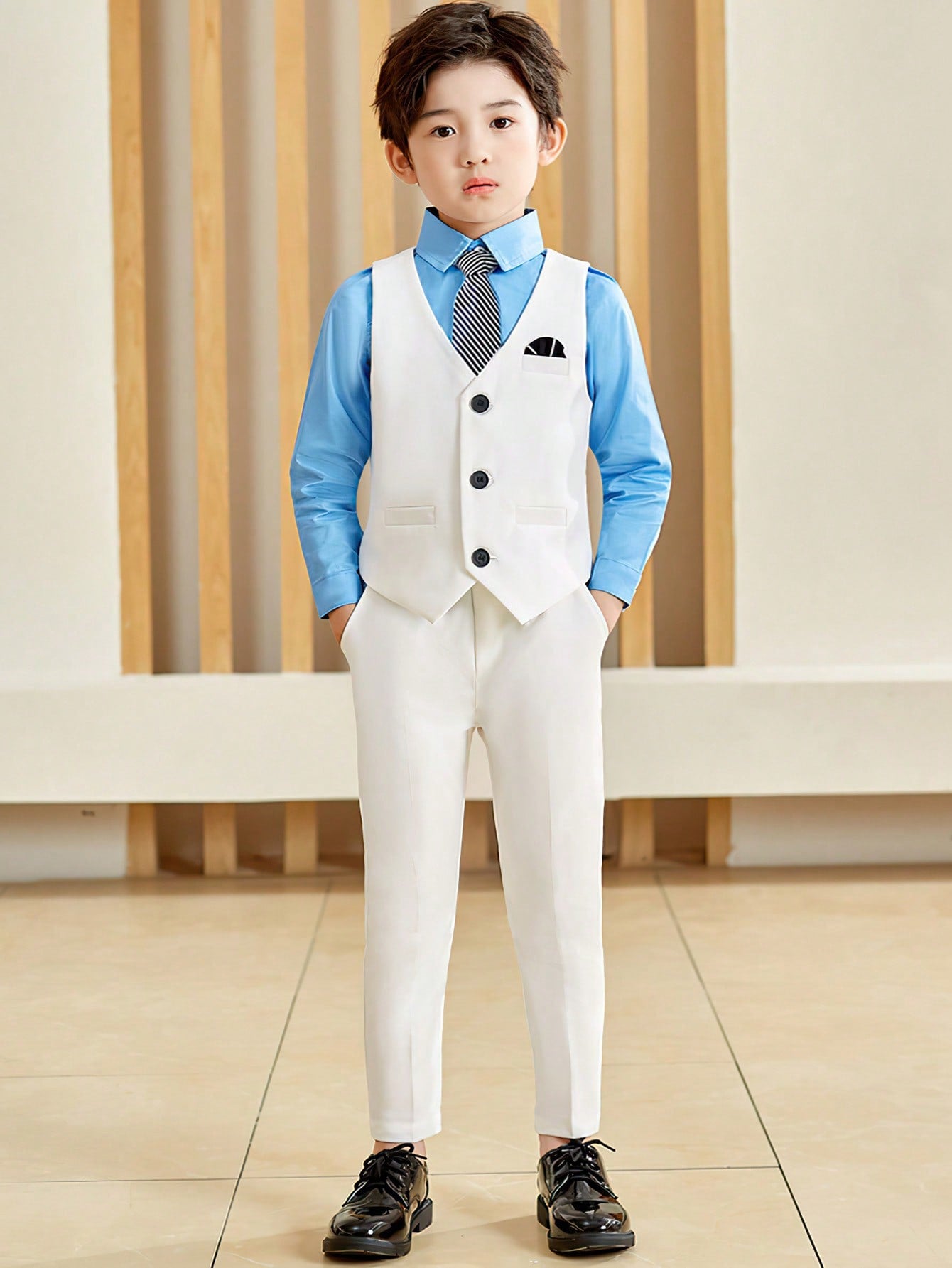 Young Boy Solid Color Flower Boy Birthday Performance Suit Gentleman Suit Three-Piece Set Vest And Long Pants And Bow Tie Suit