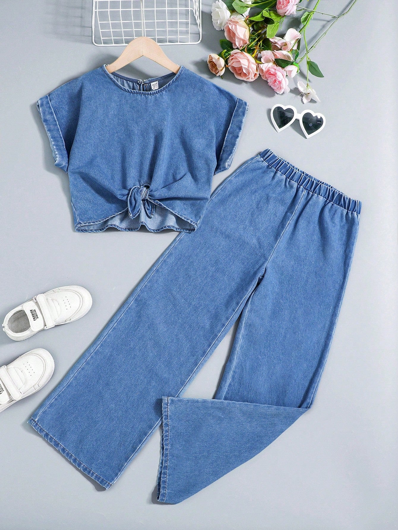 Tween Girl Summer Causal 2 PCS Knot Hem Batwing Sleeve Denim Blouse And Elastic Waist Wide Leg Jeans Pants Set,Kids Back To School Two Pieces Outfits