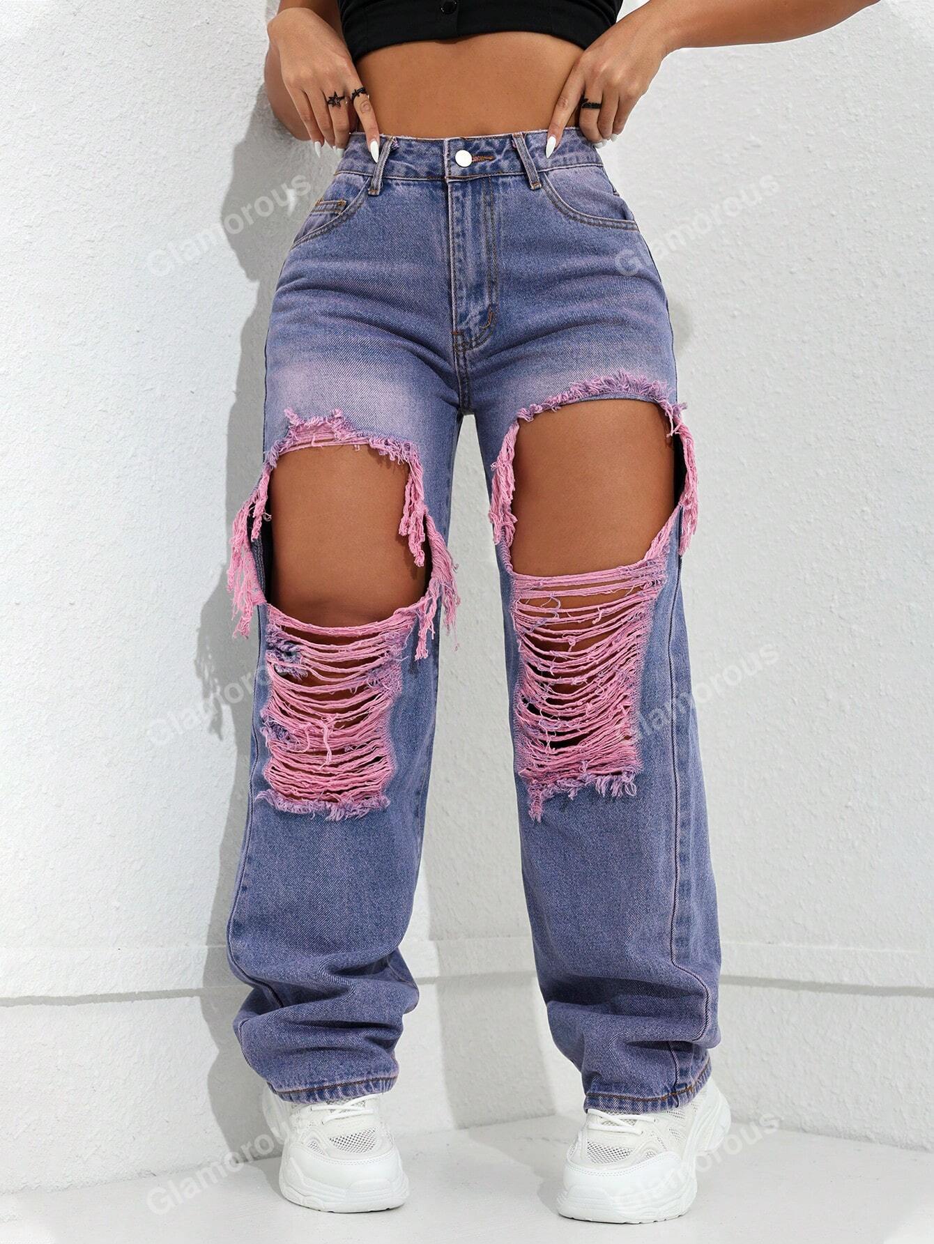 Street High Waist Slant Pocket Ripped Straight Leg Jeans