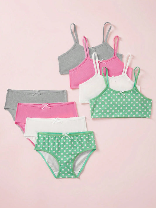 8pcs/Set Young Girl Simple & Comfortable Camisole With Bow Decoration And Triangle Knickers, Knitted Plain & Polka Dot Pattern Lingerie Set