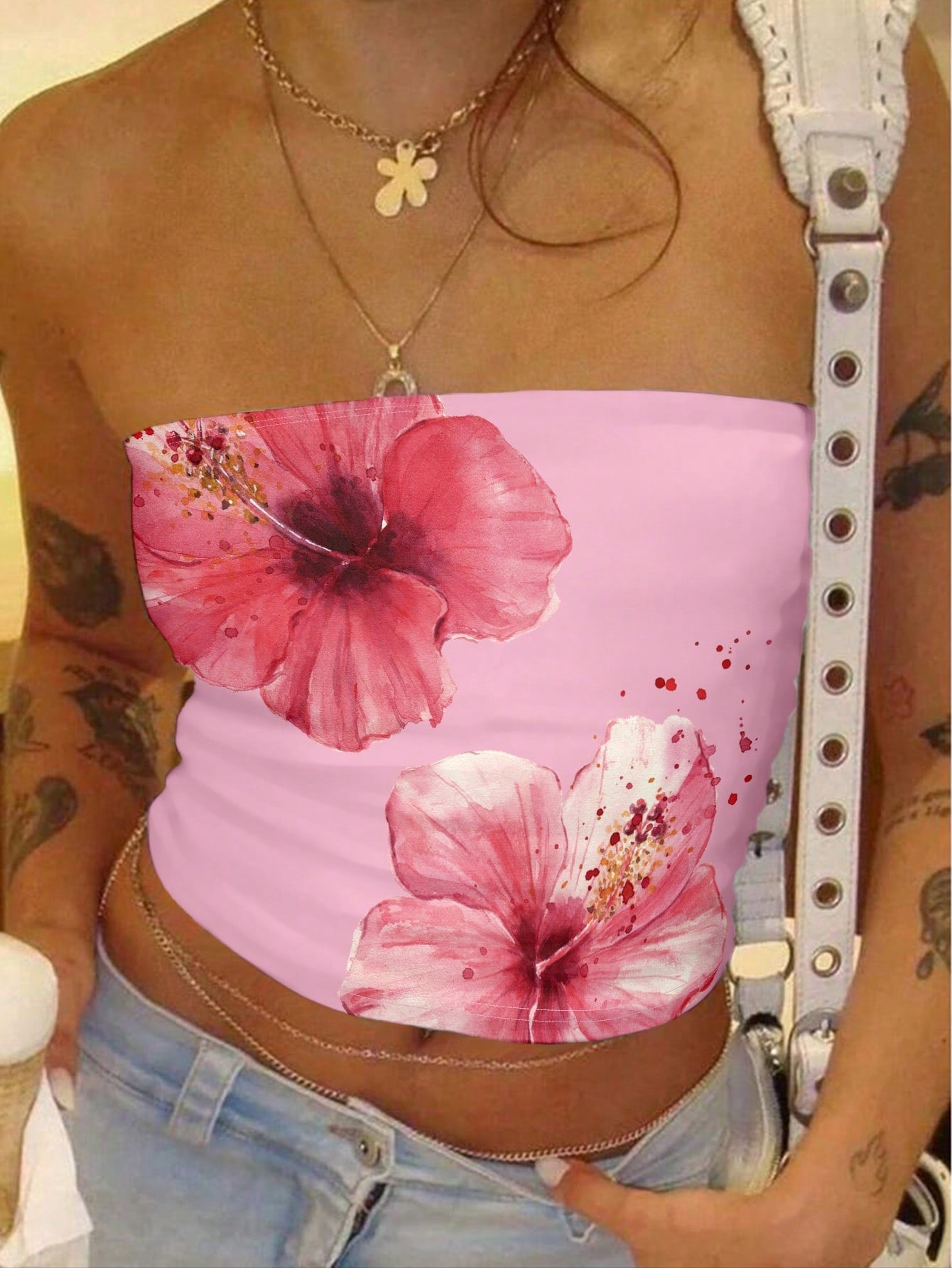 Y2K Hibiscus Flowers Graphic Bandeau Tube Top