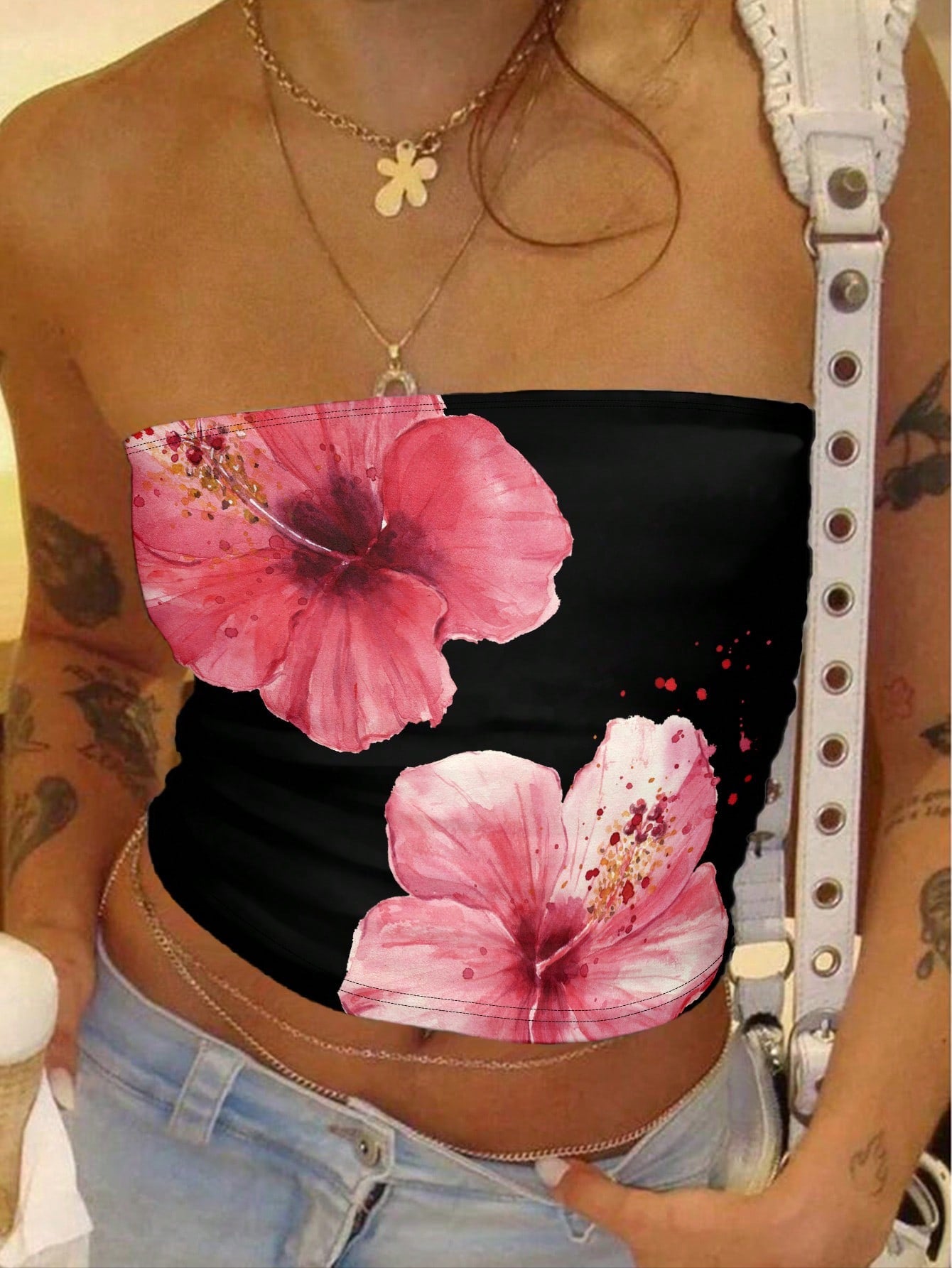 Y2K Hibiscus Flowers Graphic Bandeau Tube Top