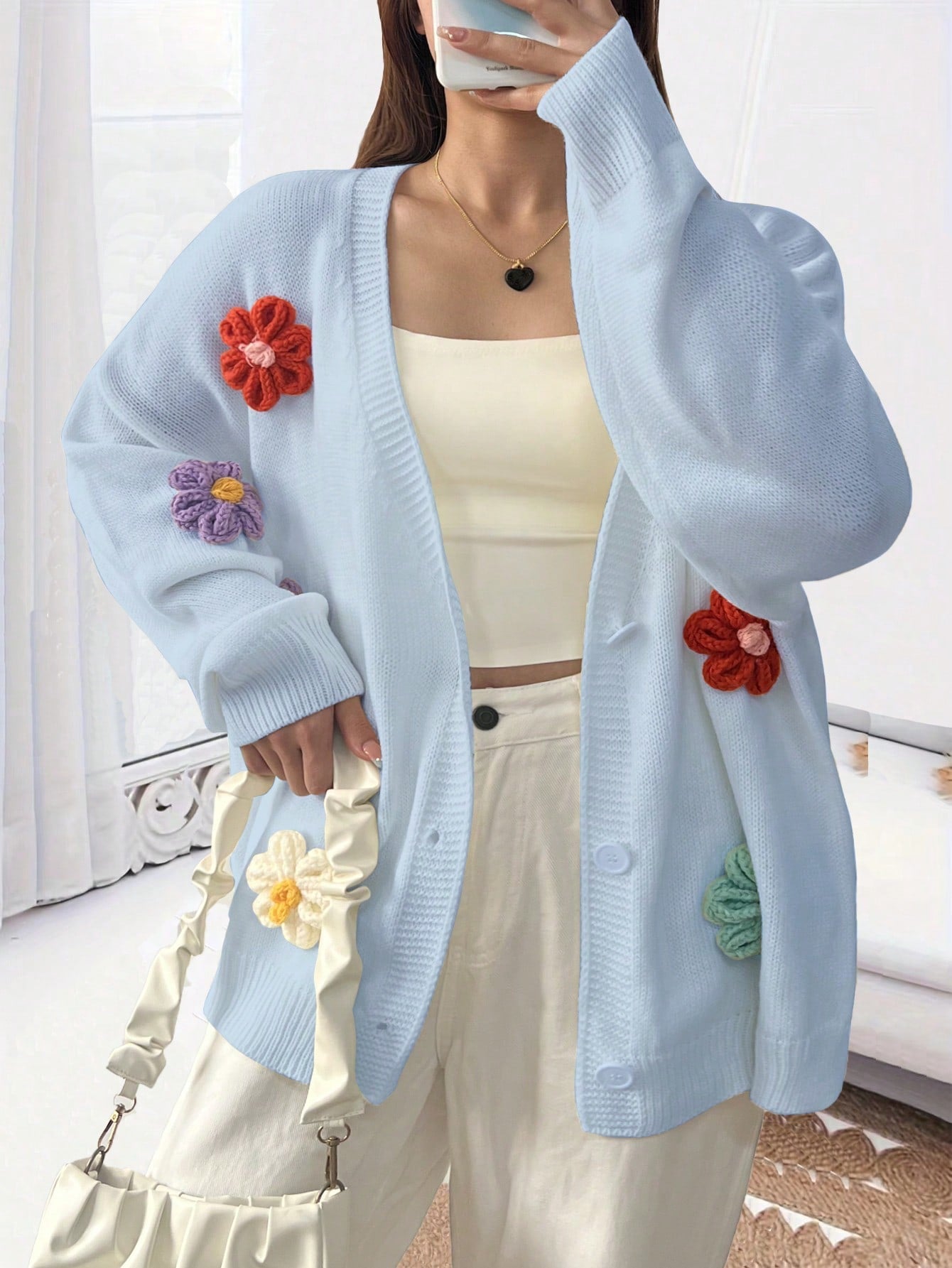 Plus Size Loose-Fit Cardigan With Wide Drop Shoulder And 3D Flower Embellishment