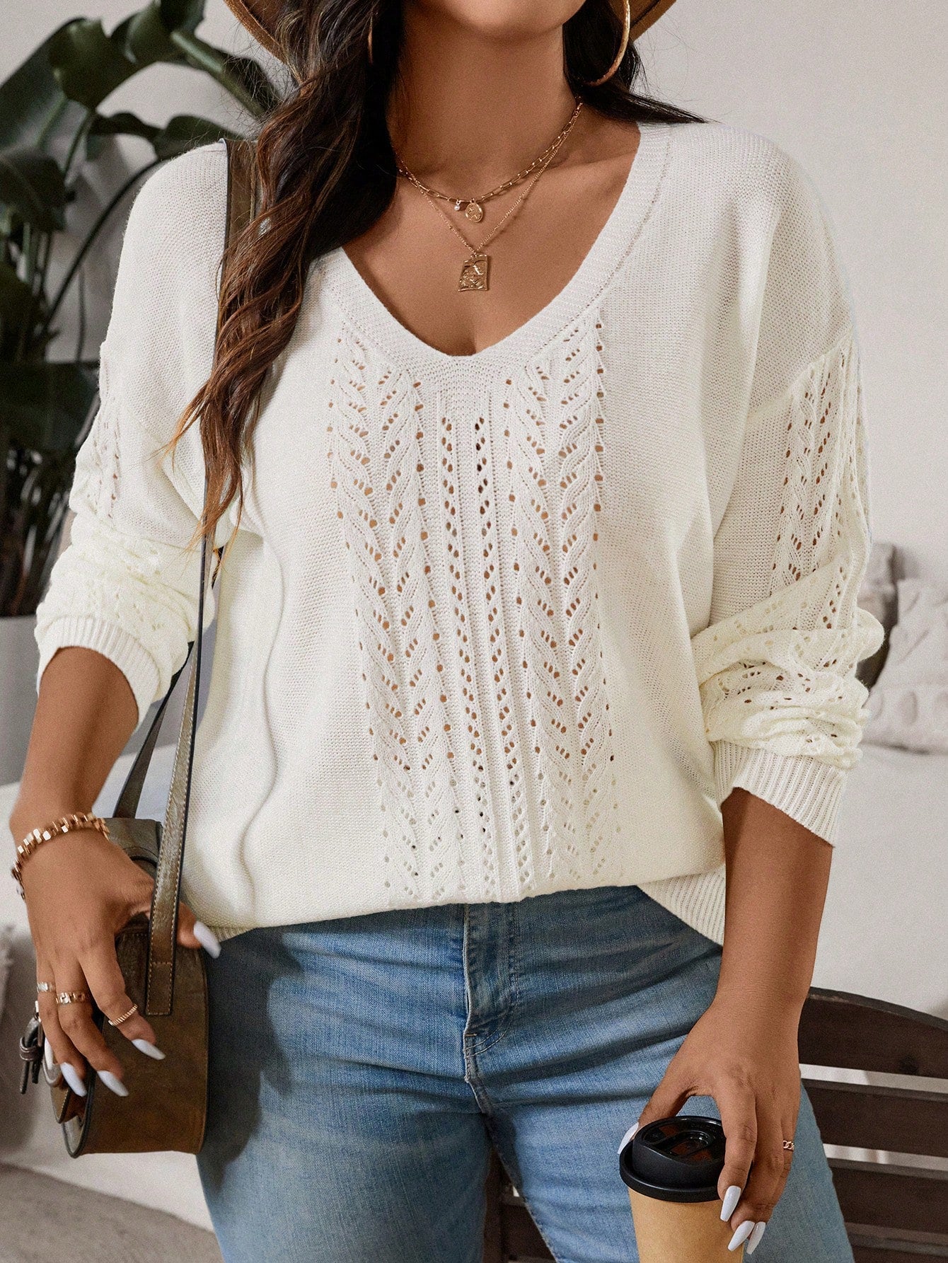 Plus Size Loose Pullover Sweater With V-Neck, Long Sleeves, And Dropped Shoulders