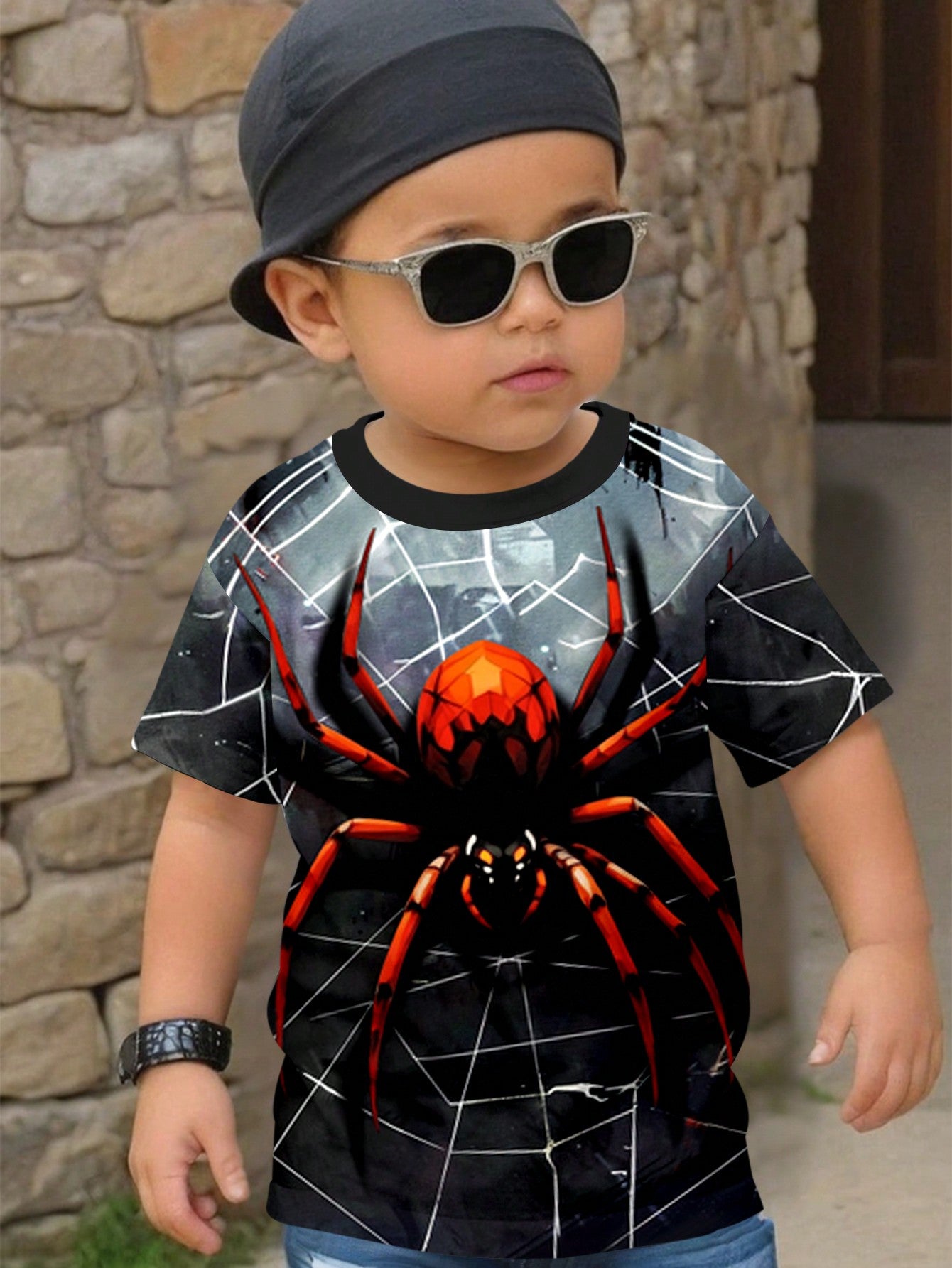 若い男の子用カジュアルシンプルスパイダー柄ルーズフィット半袖Tシャツ、夏に最適