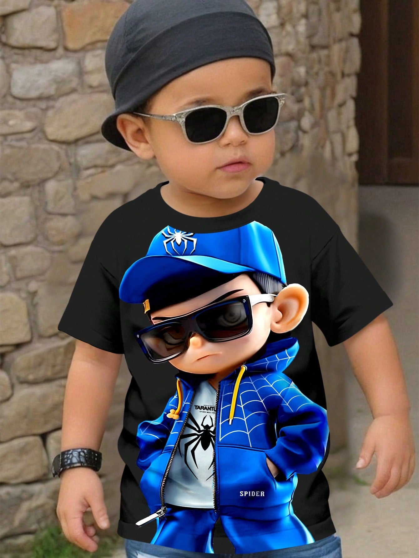 Young Boy Casual Simple Spider Pattern Loose Fit Short Sleeve T-Shirt, Ideal For Summer