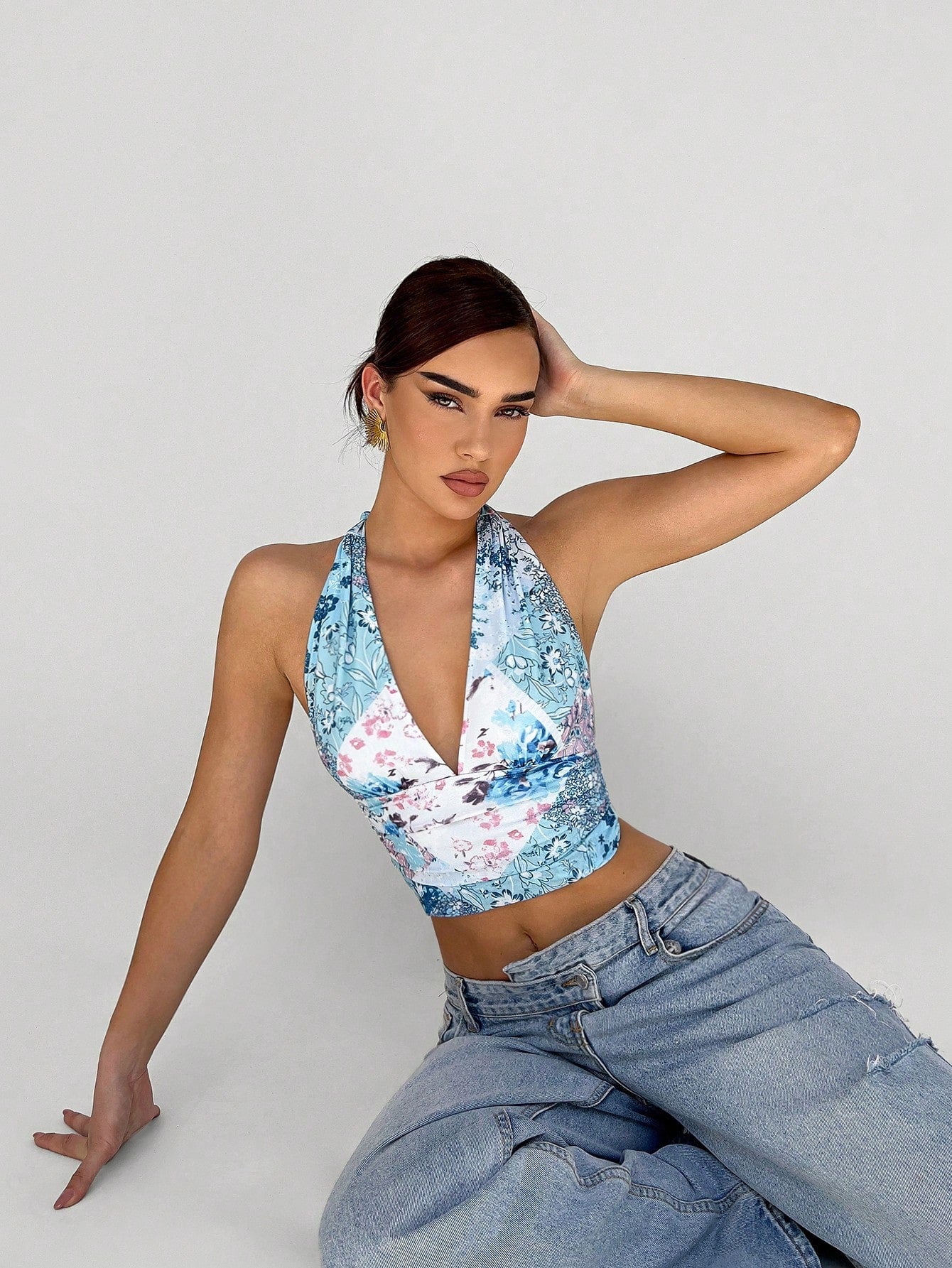 Floral Print Twist Tie Back Crop Summer Halter Top