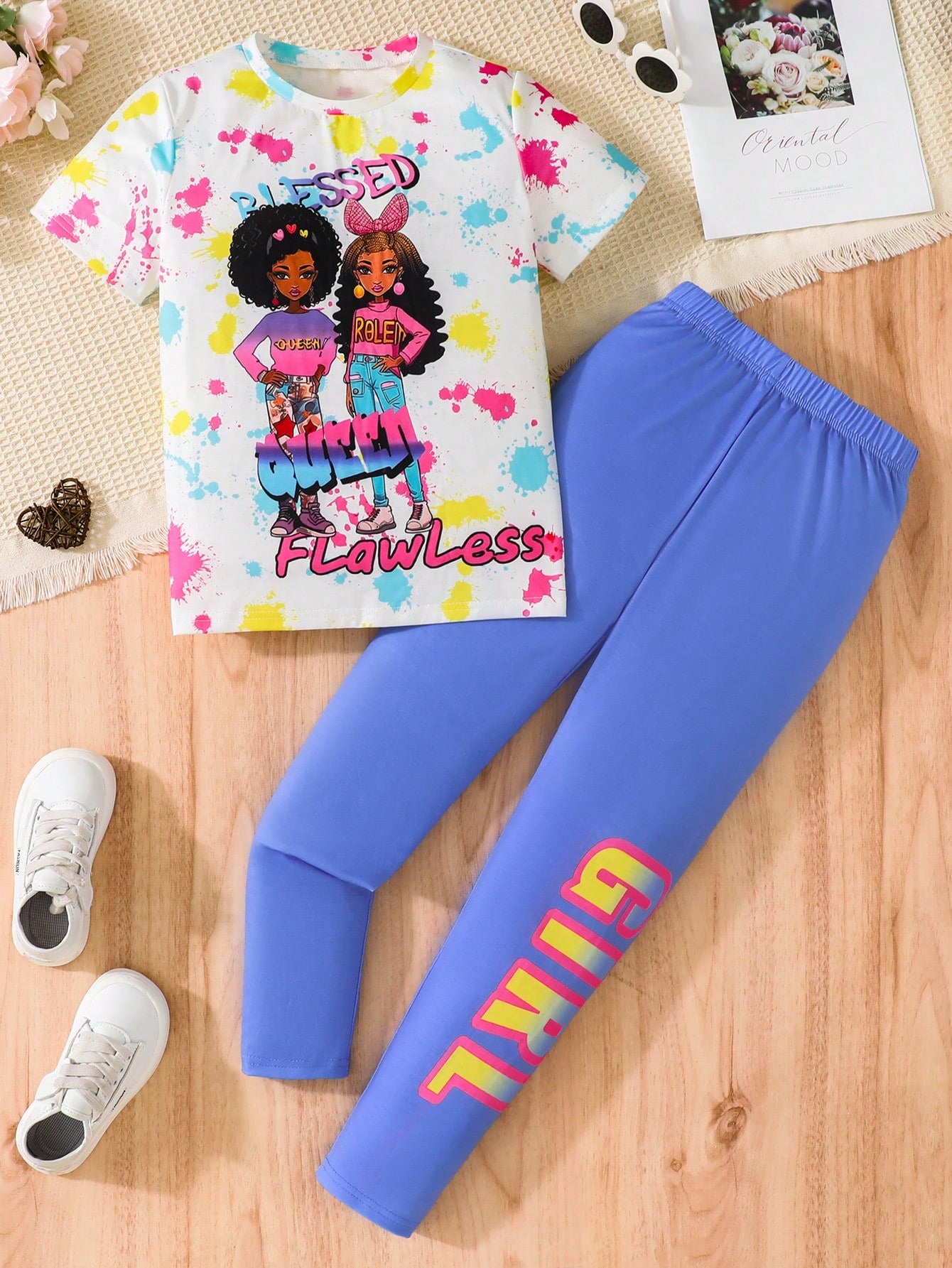 Streecool Kids Tween Girl Figure And Sparkle Ink Print Tee & Letter Print Legging