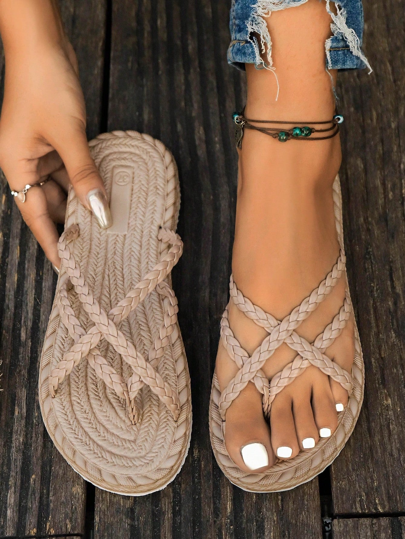 Women's Woven Braided Flip Flops, Round Toe Casual Toe Post Summer Shoes, Lightweight Outdoor Beach Sandals