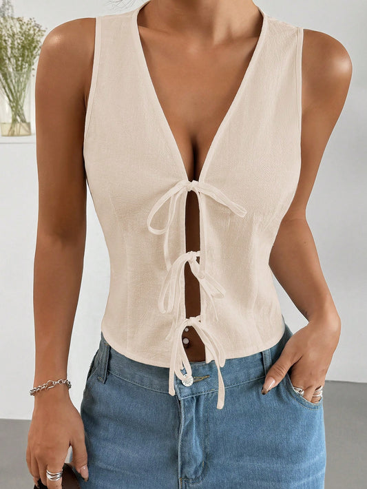 Tie Front Solid Sleeveless Blouse