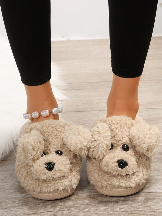 Women's Plush Slippers With Cartoon Dog For Halloween/Christmas, Indoor/Outdoor House Shoes