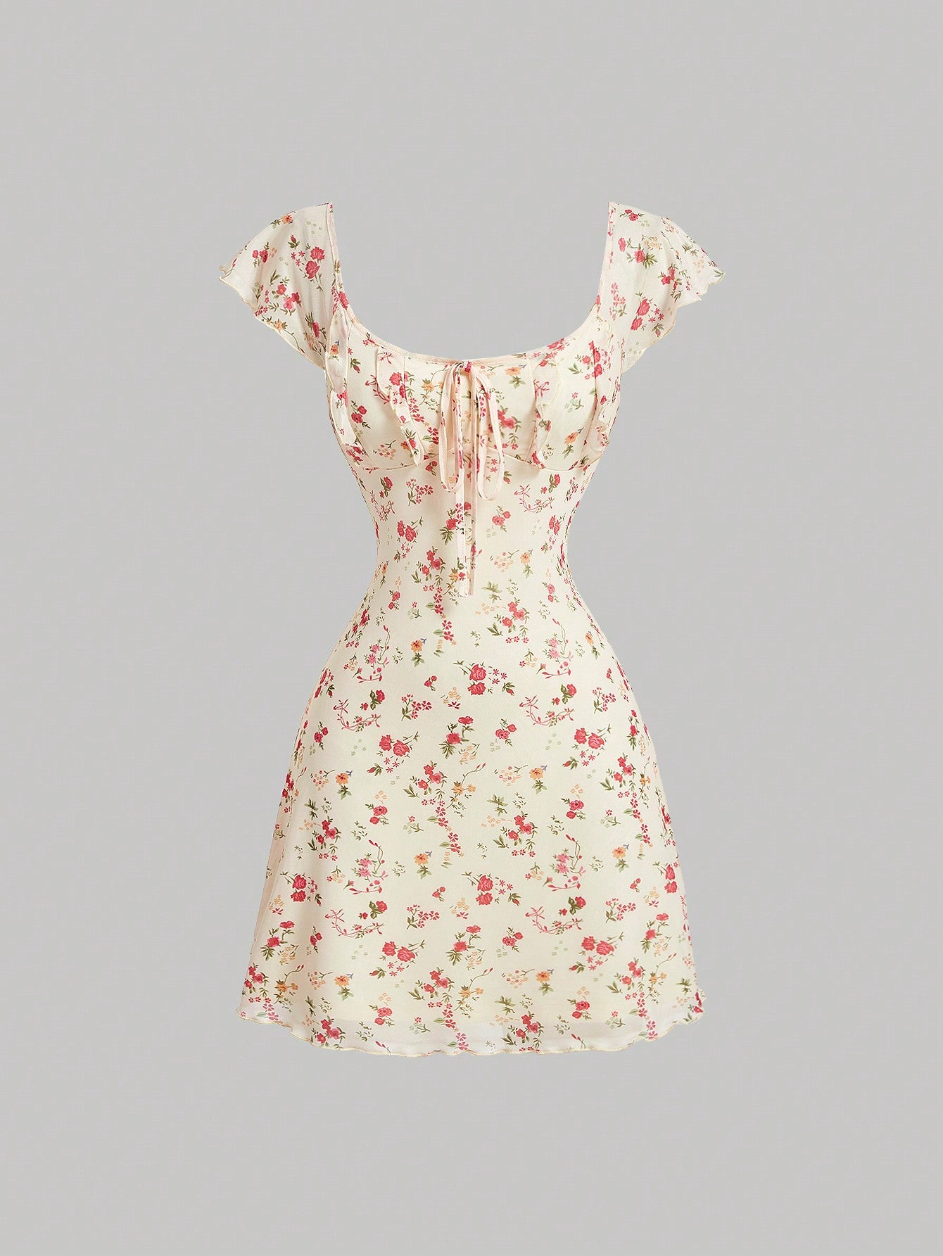 Allover Floral Print Ruffle Armhole Knot Front Dress