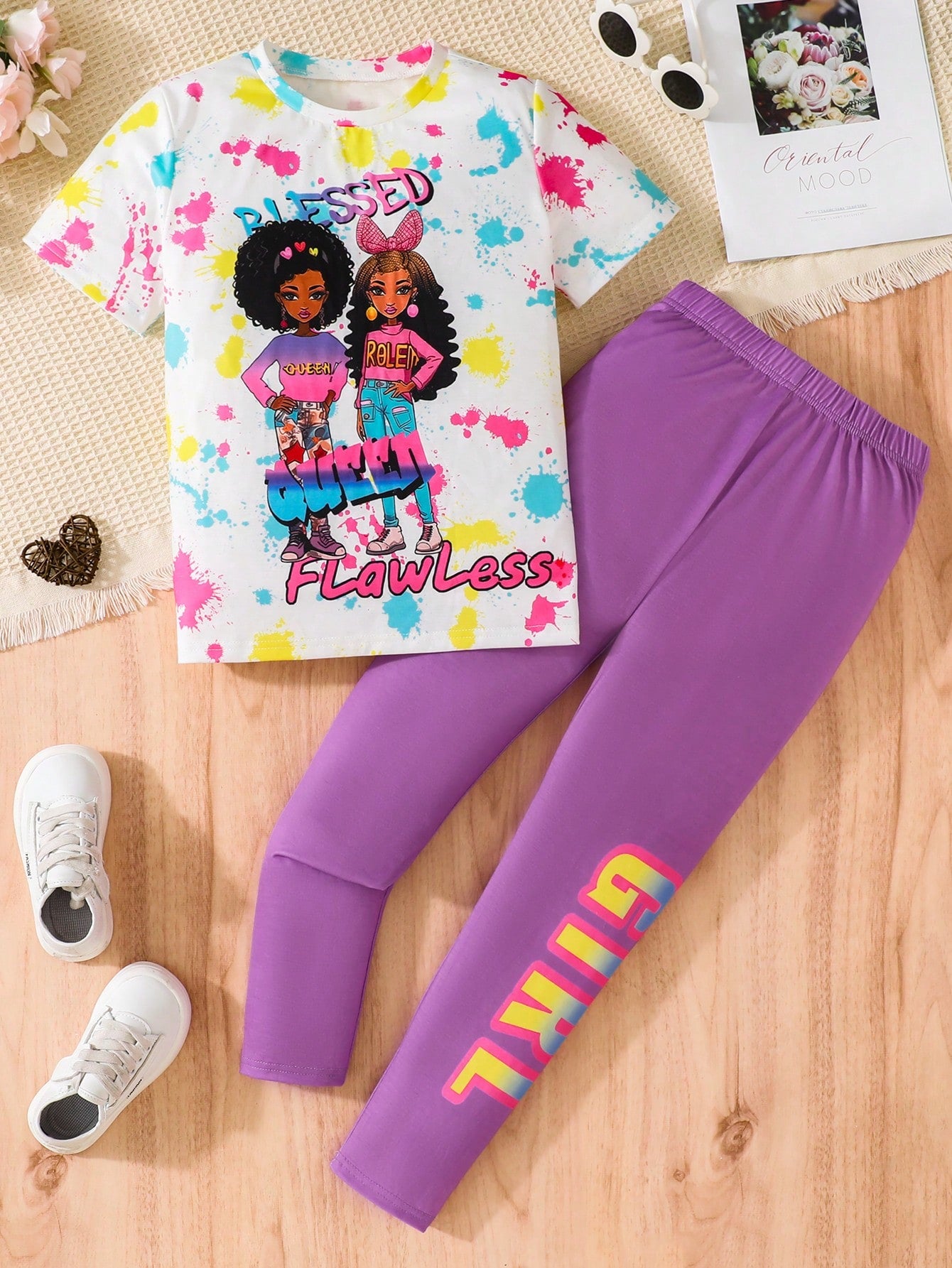 Streecool Kids Tween Girl Figure And Sparkle Ink Print Tee & Letter Print Legging