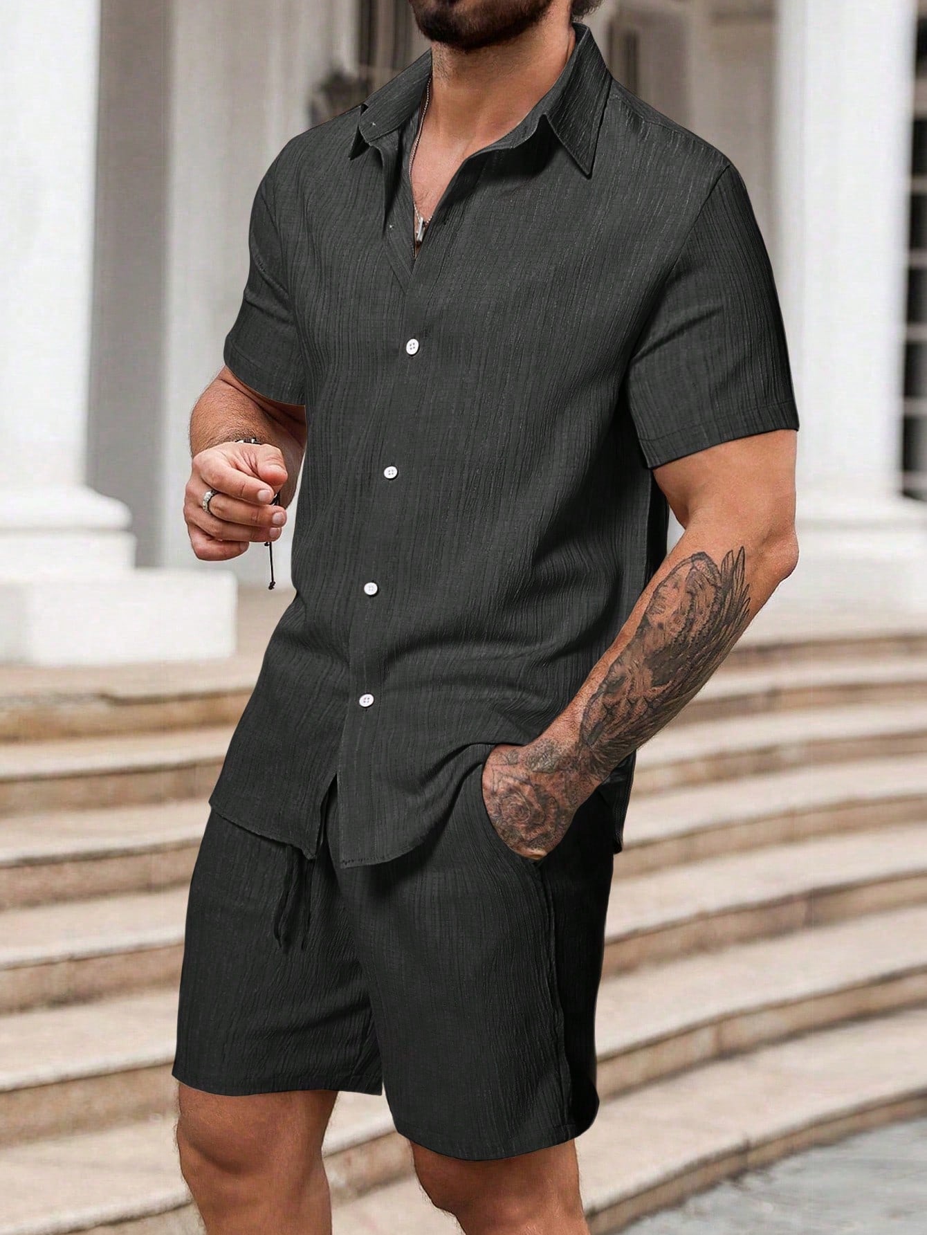 Men's Summer Solid Color Short Sleeve Shirt And Drawstring Waist Shorts Casual Set