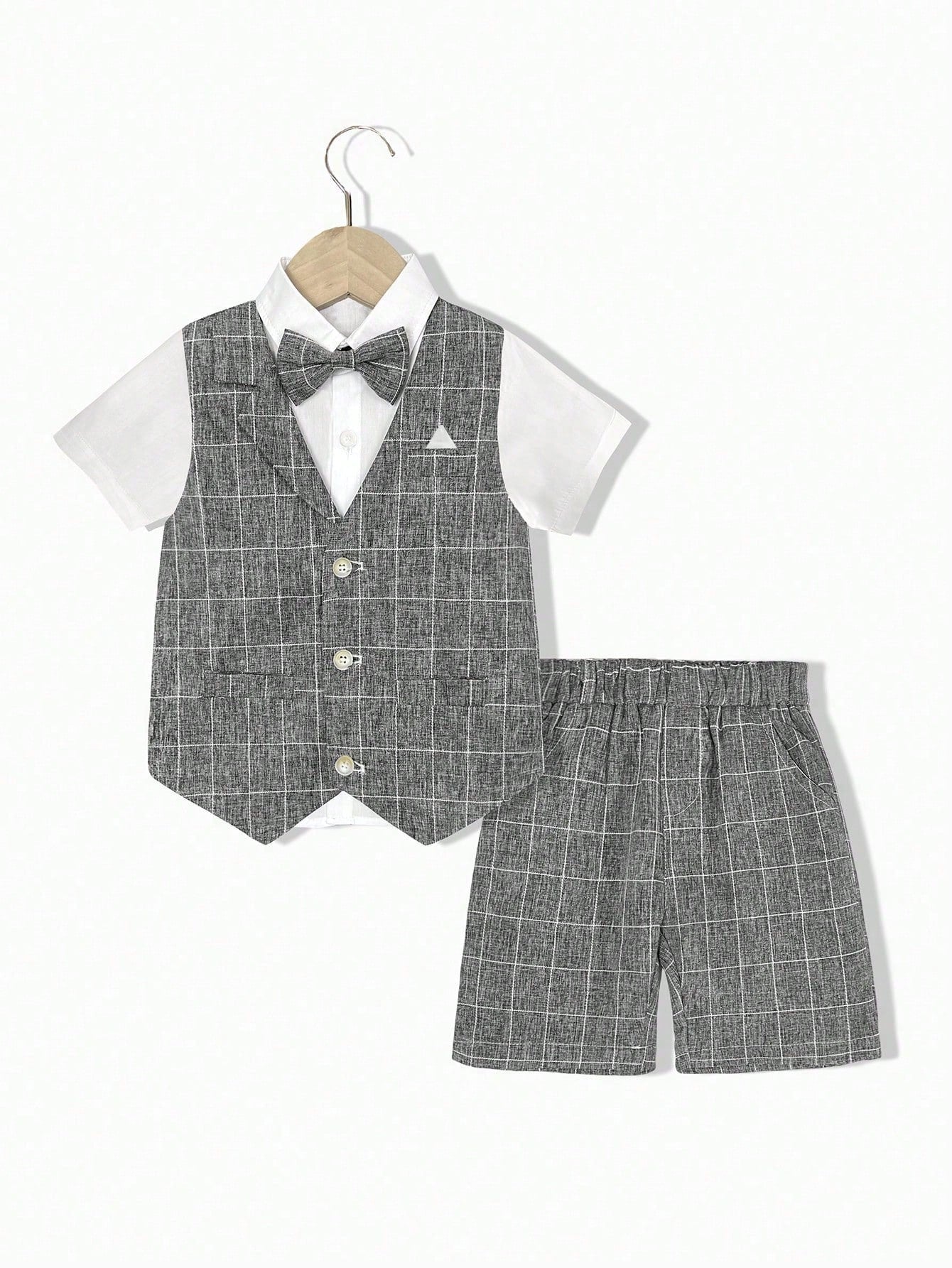 Young Boy New Summer Children's Performance Formal Suit, Wedding/Ring Bearer Outfit, 3pcs Set VestandShortsandNecktie