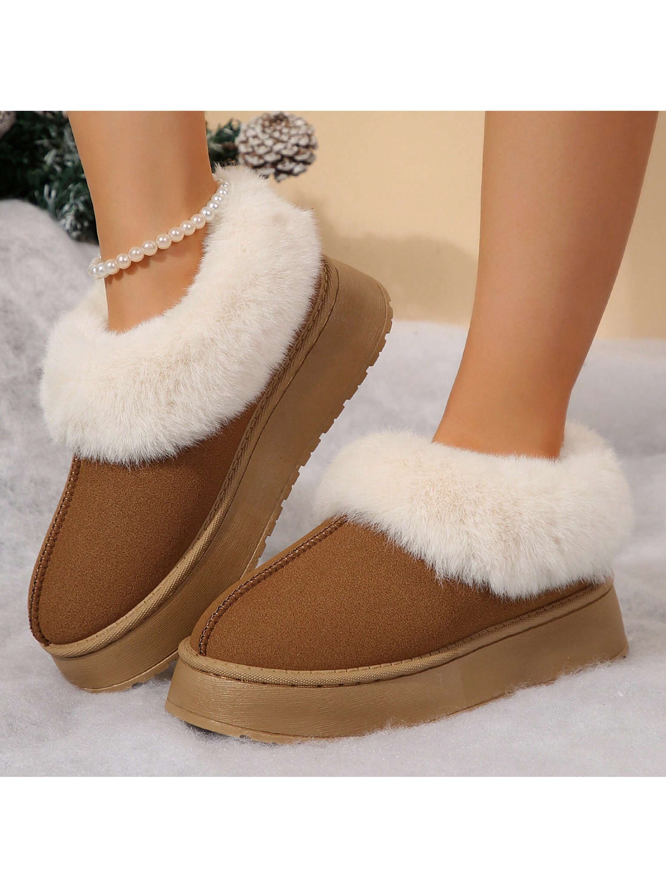 Women's Suede Shearling Ankle Moccasin Bootie Slippers Memory Foam Indoor Warm Snow Boots