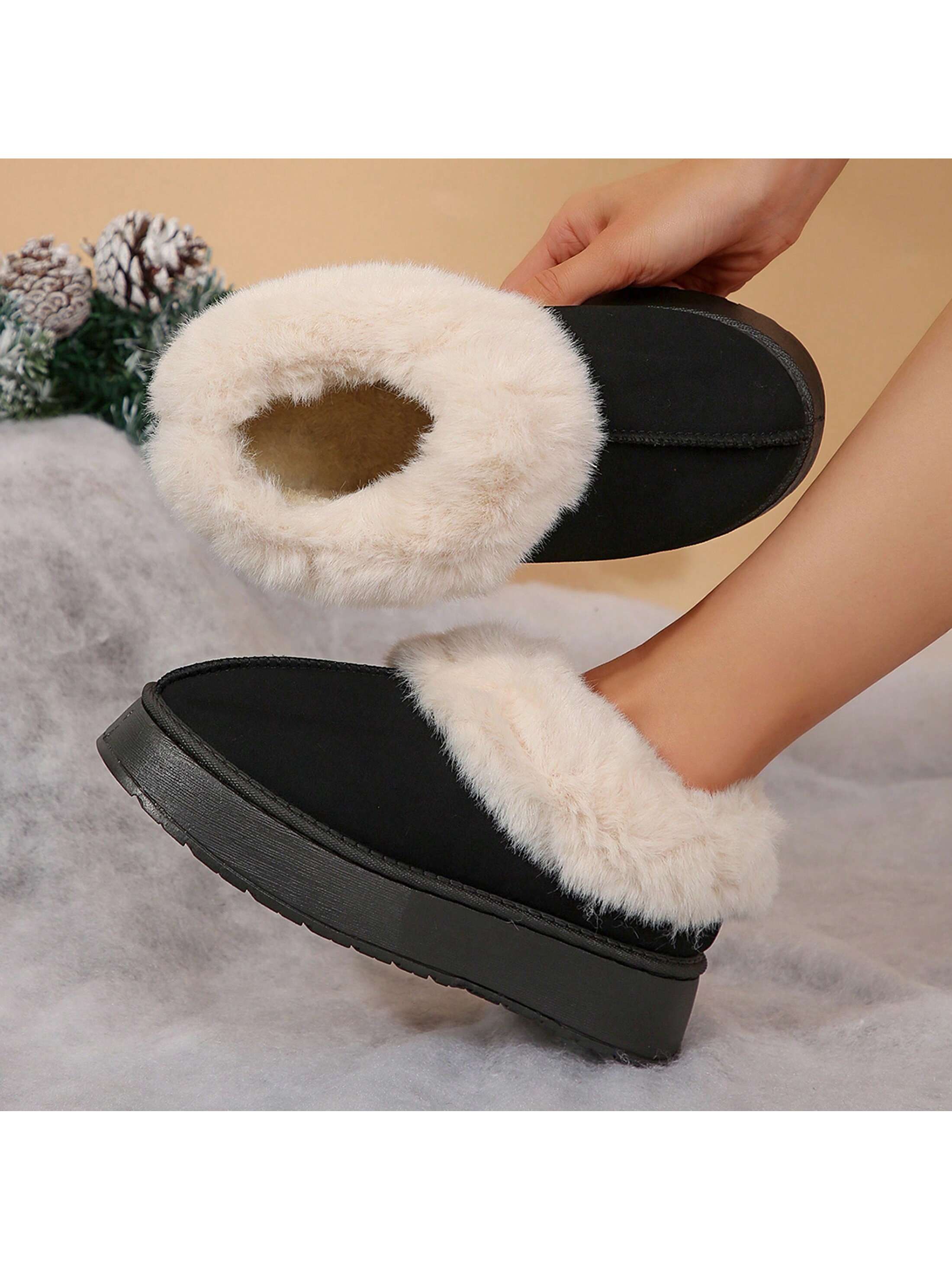 Women's Suede Shearling, Warm Snow Boots, Memory Foam Room Slippers