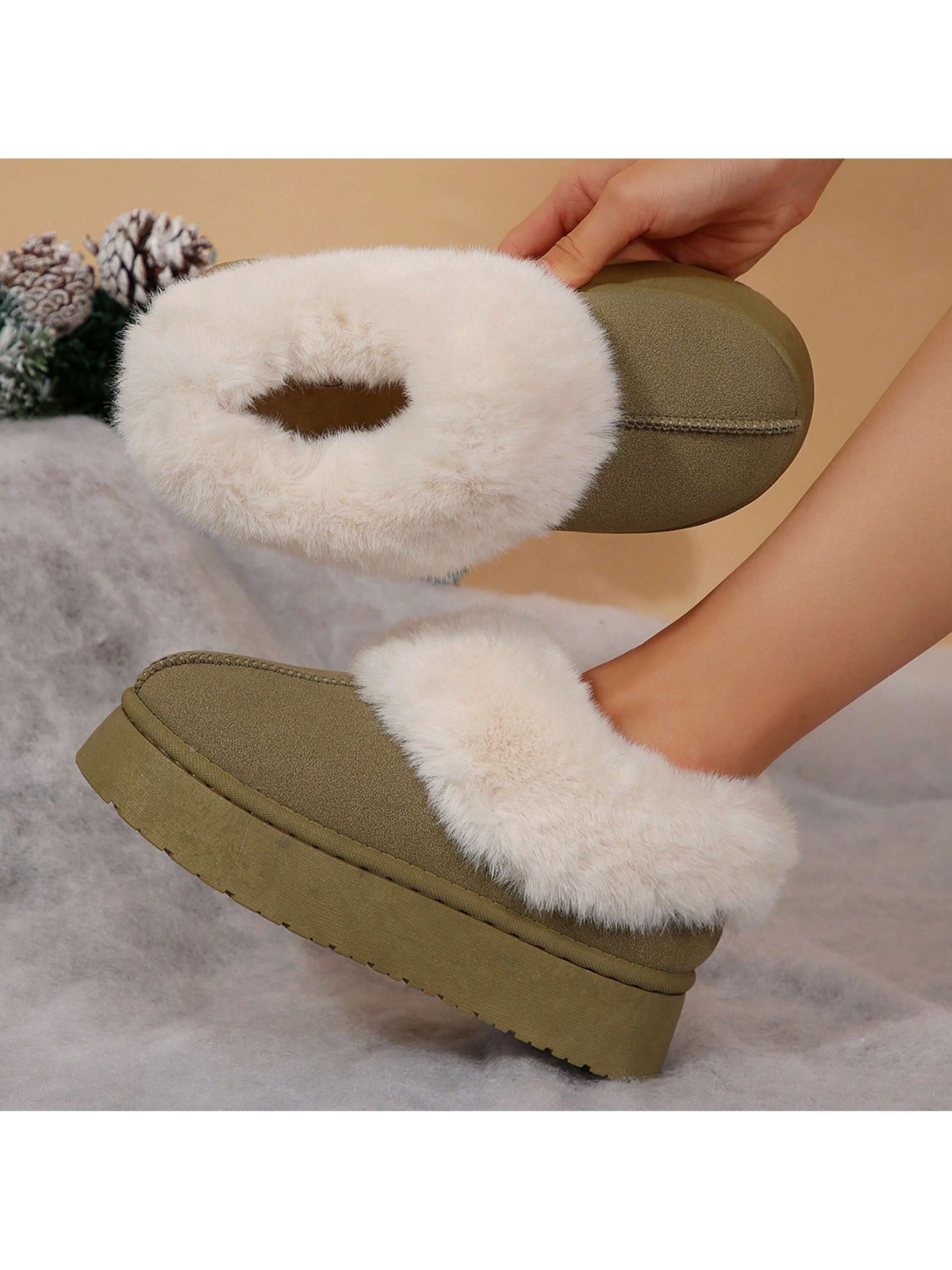 Women's Suede Shearling, Warm Snow Boots, Memory Foam Room Slippers