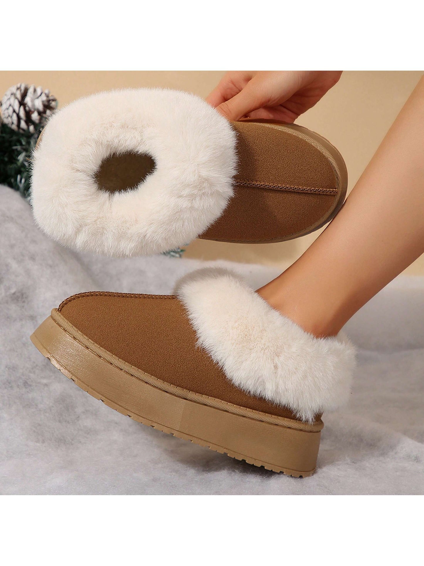 Women's Suede Shearling, Warm Snow Boots, Memory Foam Room Slippers