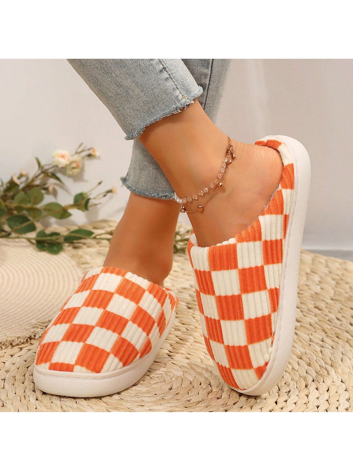 Women's Trendy Fluffy Preppy Checkered Slippers Fuzzy House  Bedroom Closed Toe Slippers