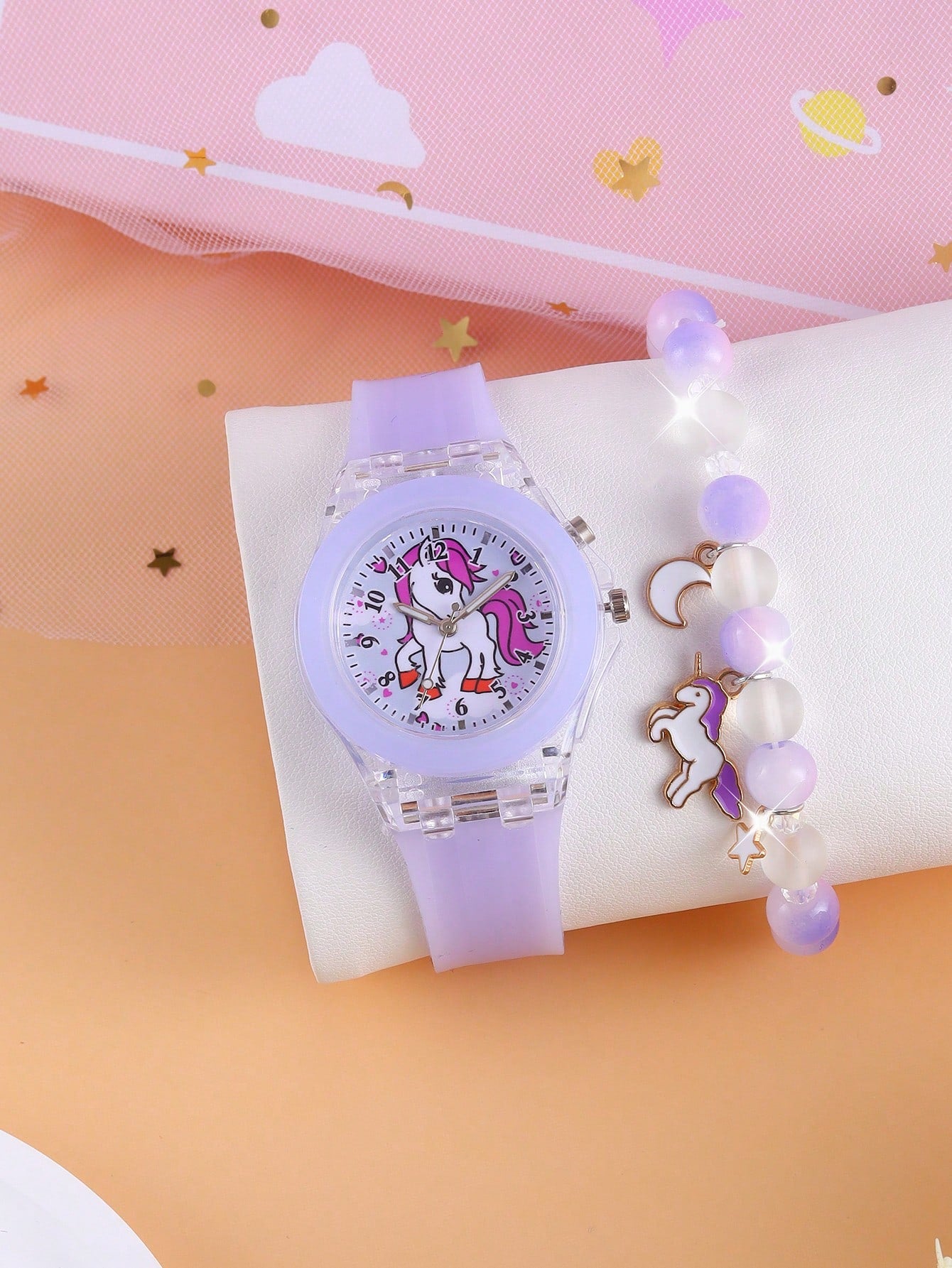 2pcs Girls' Light-Up Watch Set, LED Cartoon Unicorn Design Quartz Watch And Beaded Bracelet