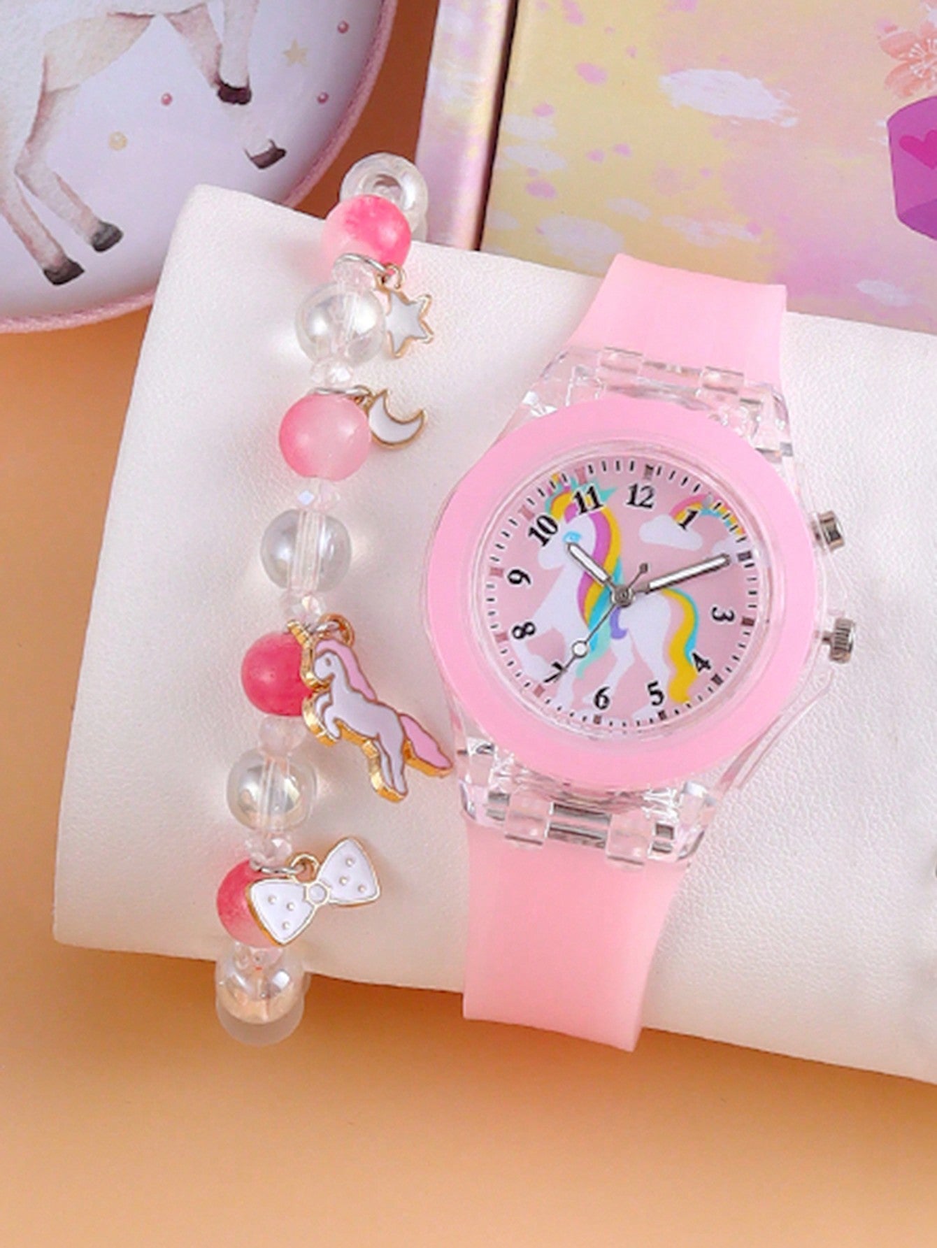 2pcs Girls' Light-Up Watch Set, LED Cartoon Unicorn Design Quartz Watch And Beaded Bracelet