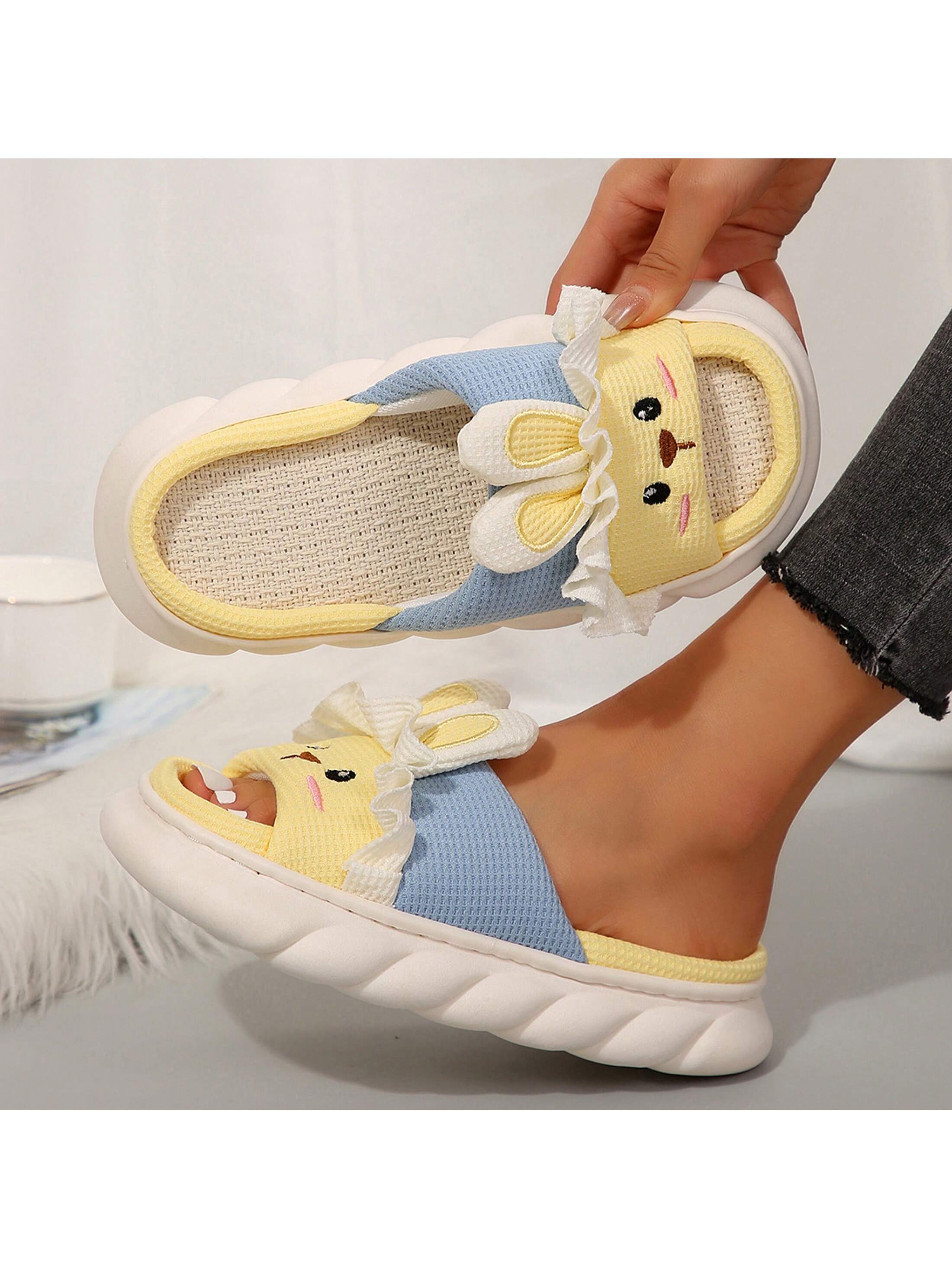 Women's Home Slippers Cute Cartoon Slippers Rabbit Shape Animal Slippers Linen Indoor Outdoor Slippers