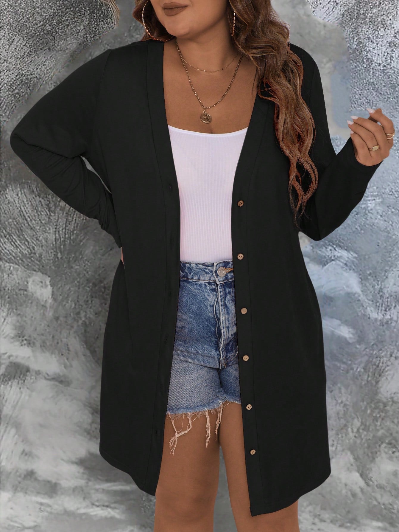 Plus Size V-Neck Buttoned Long Sleeve Chic Gentle Fashion Relaxed Fit Loose Outerwear