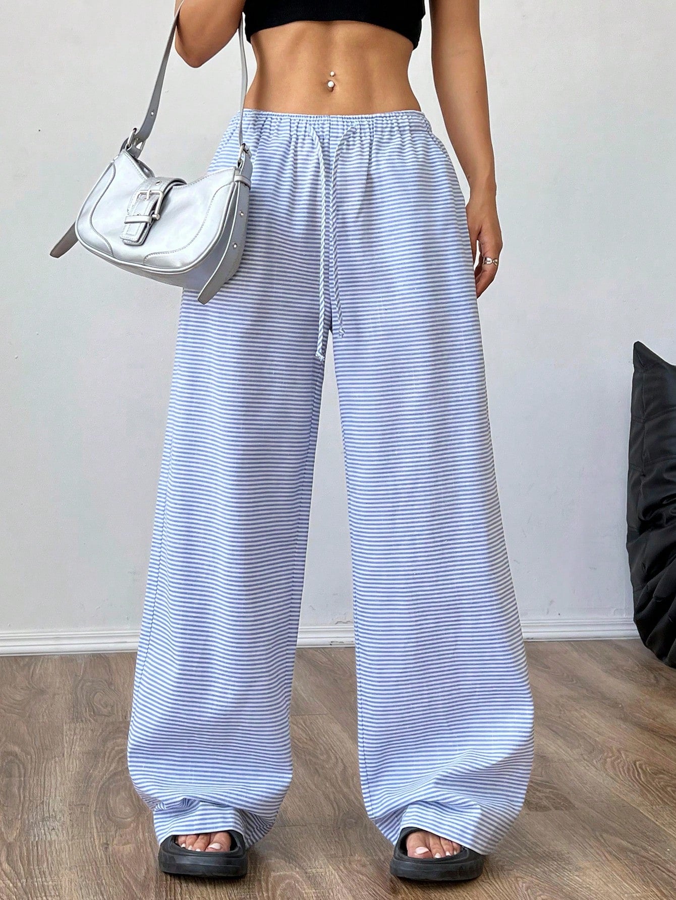 Striped Print Drawstring Waist Casual Straight Pants With Pockets