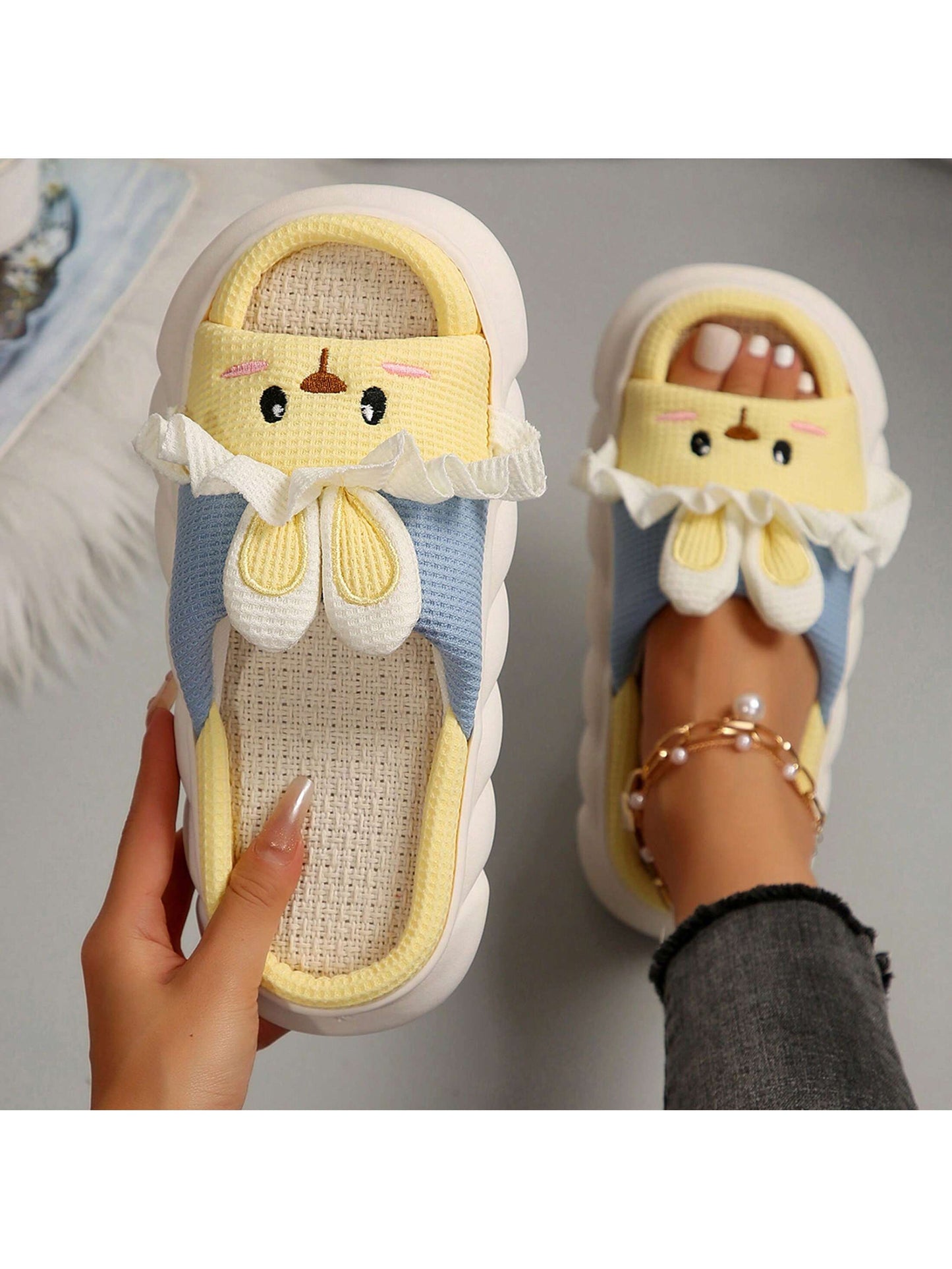 Animal Slippers In The Shape Of A Rabbit Cute Cartoon Slippers For Ladies Household Slippers Linen Indoor And Outdoor Slippers