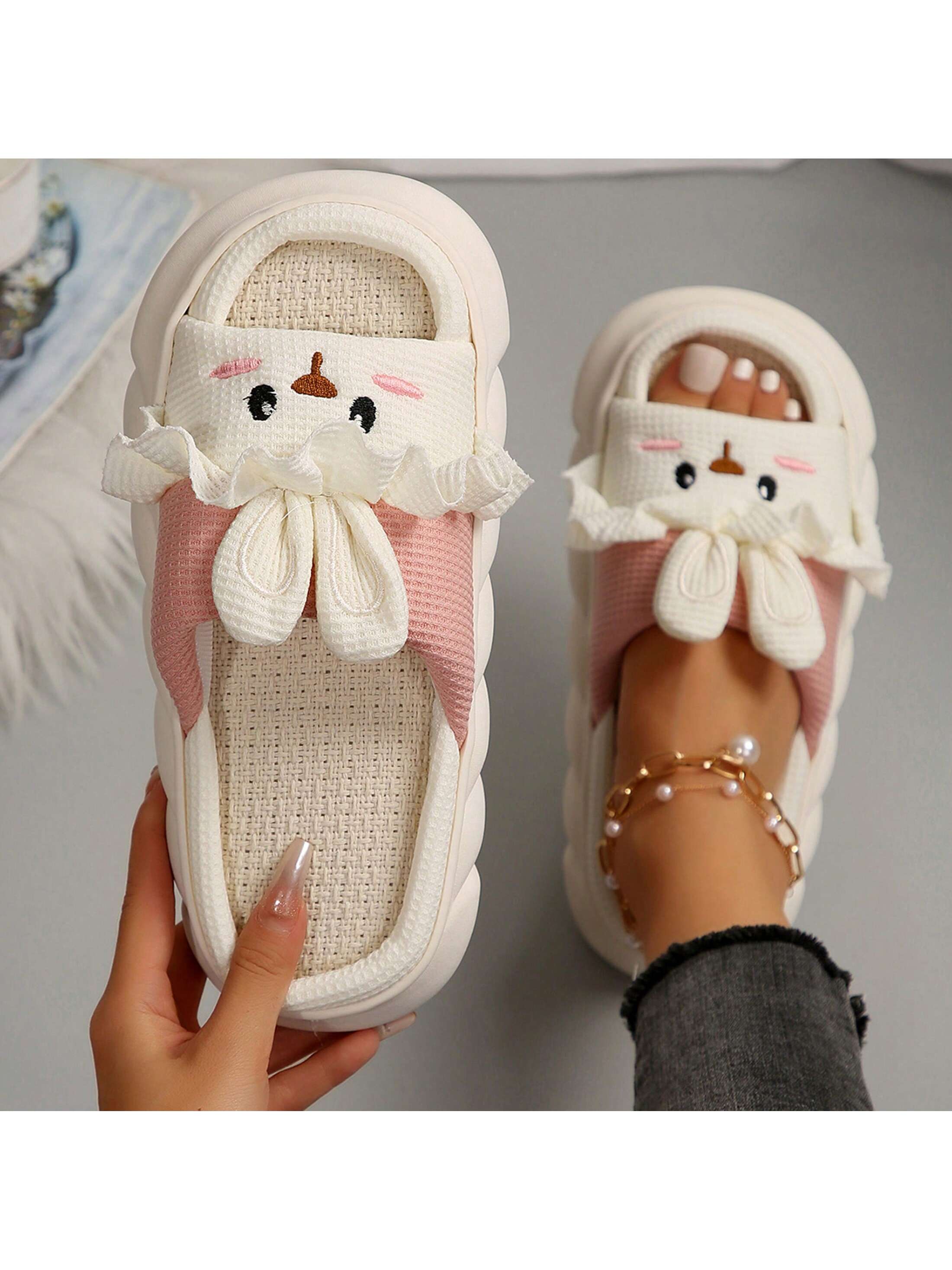 Animal Slippers In The Shape Of A Rabbit Cute Cartoon Slippers For Ladies Household Slippers Linen Indoor And Outdoor Slippers